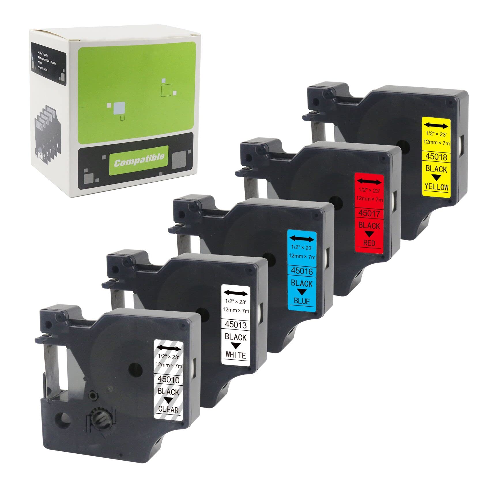 LabelProsCompatible DYMO D1 Label Tape Refills 45013 45010 45016 45017 45018 Label Maker Tape for DYMO 280 160 210D 450 420P PnP 360D Labeler, 1/2 Inch x 23 Feet (12mm x 7m) 5 Pack