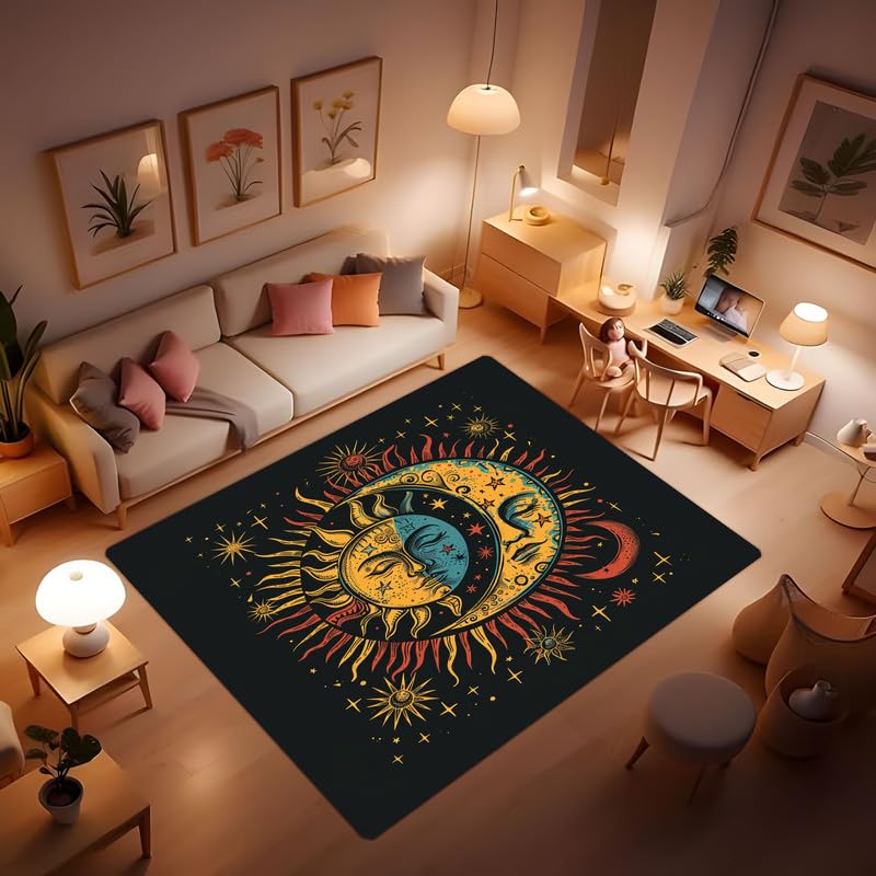 Moon and Sun Bohemian Decorative Rug, Washable for Bedroom Office Hallway Living Room, Mysterious Crescent Moon Sun Starlight Floor Mat Doormat Black