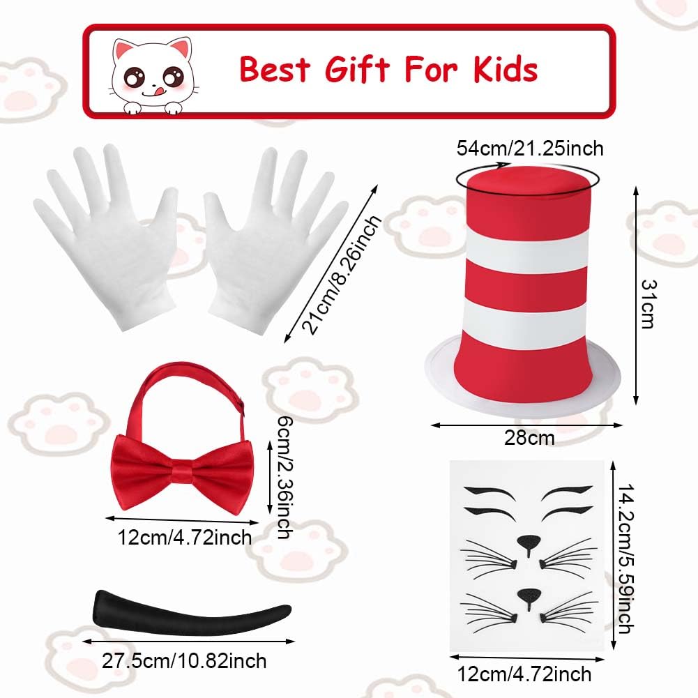 AUYAO Adults Halloween Crazy Cat Fancy Dress Costume, 4 Pcs Set including Striped Red Hat, Red Collar Tie, White Gloves, Tail - Image 2