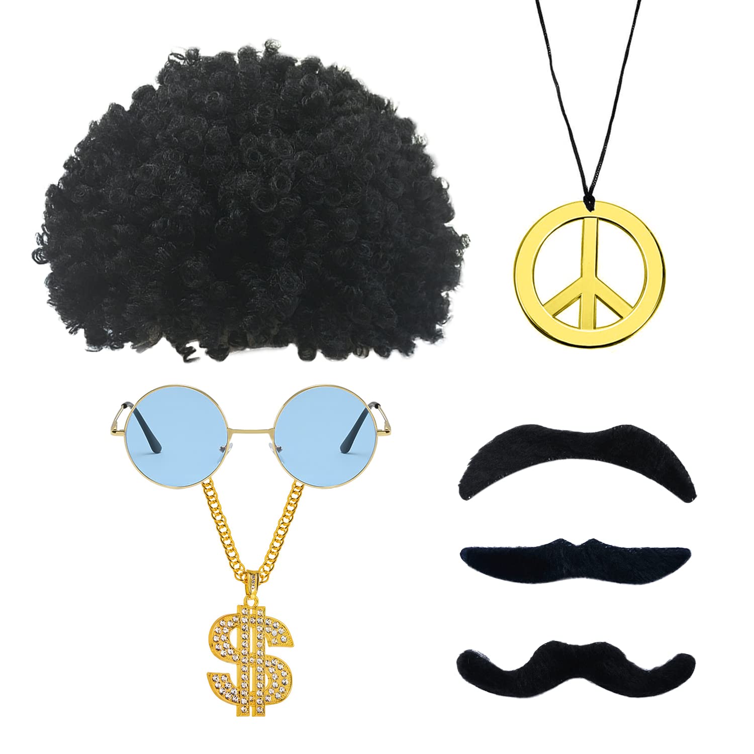 YSDYY 7 Pcs Hippie Accessories, Afro Wig Round Gold Frame Glasses Mustache Peace Necklace and Dollar Necklace, 70s Hippie Vintage Clothing Accessories.