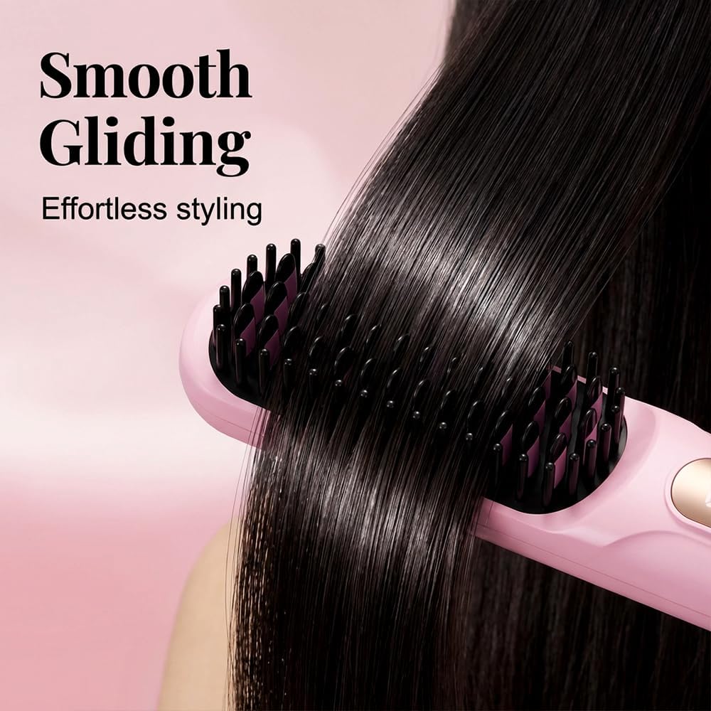 Portable Pro Straightening Brush for Travel, Cordless Mini Hair Straightener Brush with LCD Display, Fast Heating USB Rechargeable Styling Brush (Pink)