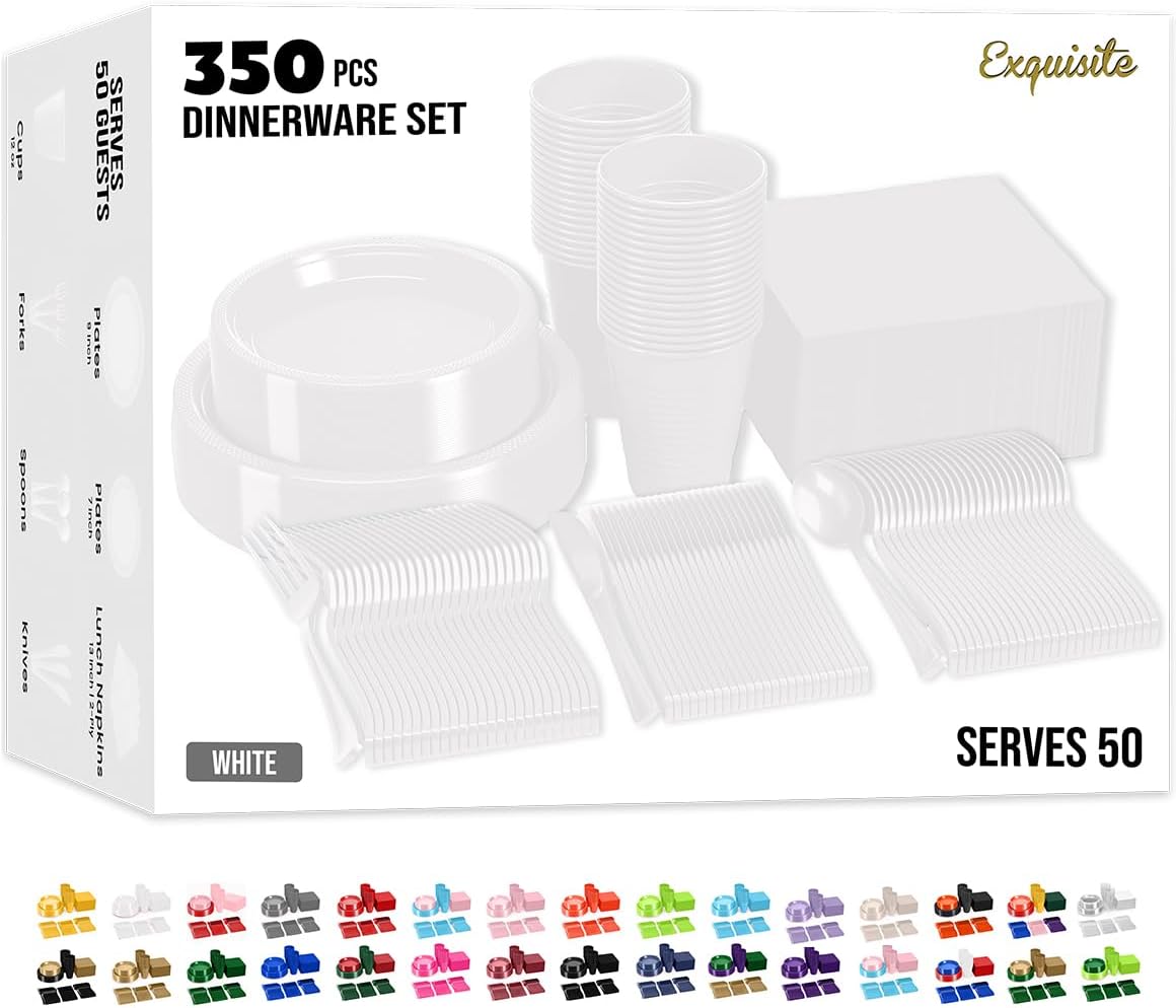 Party Solids 350 Pieces White Plastic Plates For Party, White Disposable Plates Set, 50 Of Each 9" Dinner Plate Set, 7" Dessert Plate, Cups, Napkins & Cutlery Plastic Dinnerware