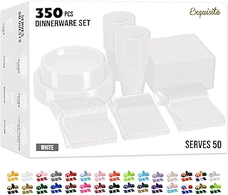 Party Solids 350 Pieces White Plastic Plates For Party, White Disposable Plates Set, 50 Of Each 9" Dinner Plate Set, 7" Dessert Plate, Cups, Napkins & Cutlery Plastic Dinnerware