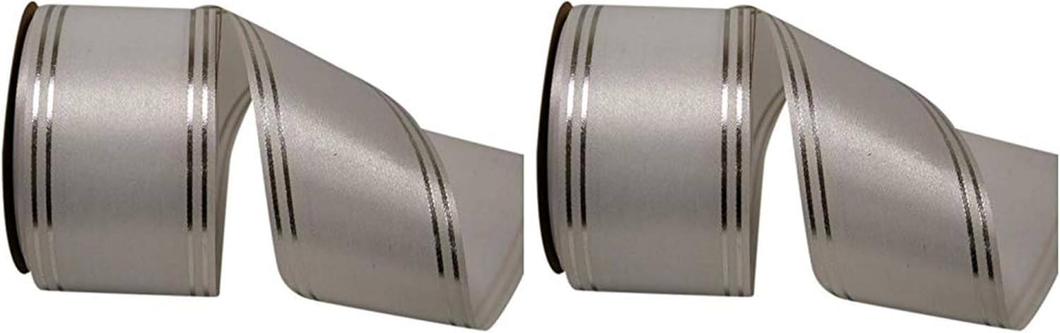 Reliant Ribbon Quad Stripe Ribbon, 2-1/2 Inch X 50 Yards, White/Silver (Pack of 2)