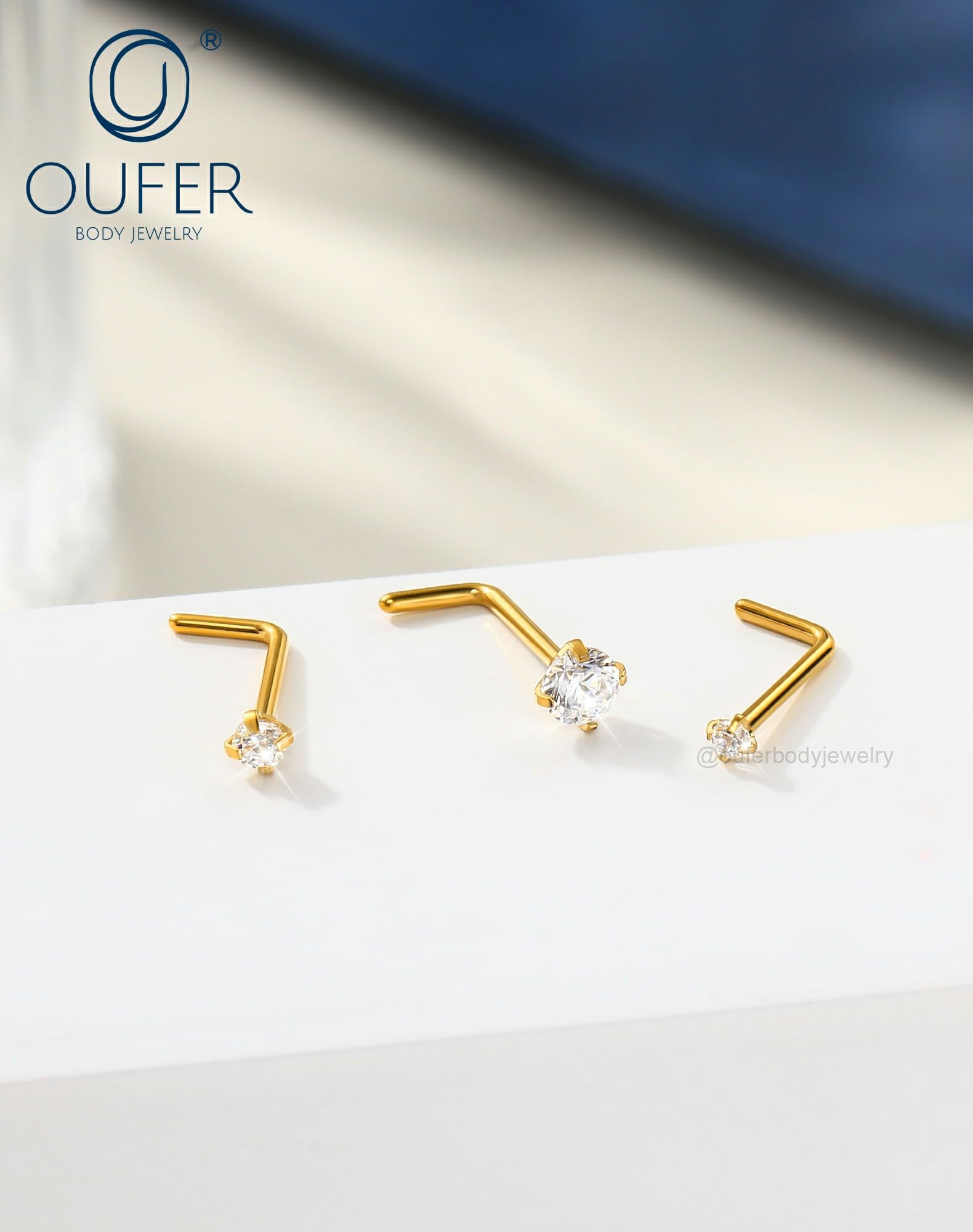 OUFER Body Piercing Nose Studs: 5PCS 20G Titanium Nose Bar L Shaped Nose Rings, 6 mm Gold Nostril Piercing Jewelry Cubic Diamond Thin Body Jewellery for Women - 5