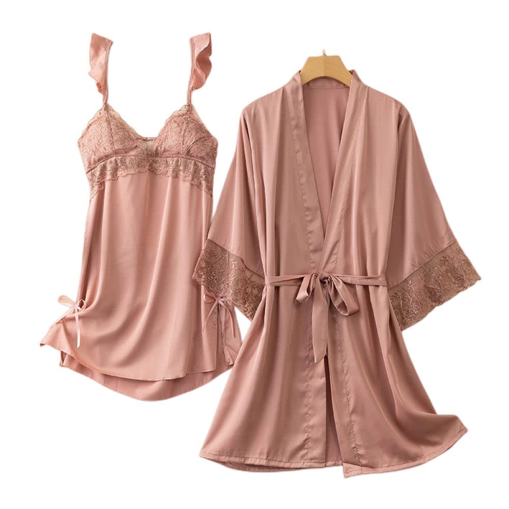 Accappatoio Donna,2 Pezzi Set Kimono In Raso Accappatoio Con Volant Sexy Pizzo A Rete Ritaglio Spacco Laterale Camicia Da Notte Senza Schienale Vestaglia Leggera Vestaglia Da Sposa Bademantel Damen,