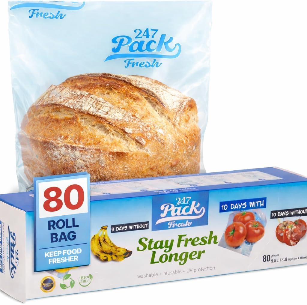 Freshpack 247 Produce Storage Bags Roll 10 x 14 Inches 1 Gallon 80 Pack Tear Off Reusable Food Storage Bags With Zipper, Bread Keeper Bag For Fruits Vegetables Meal Prep Pantry Use