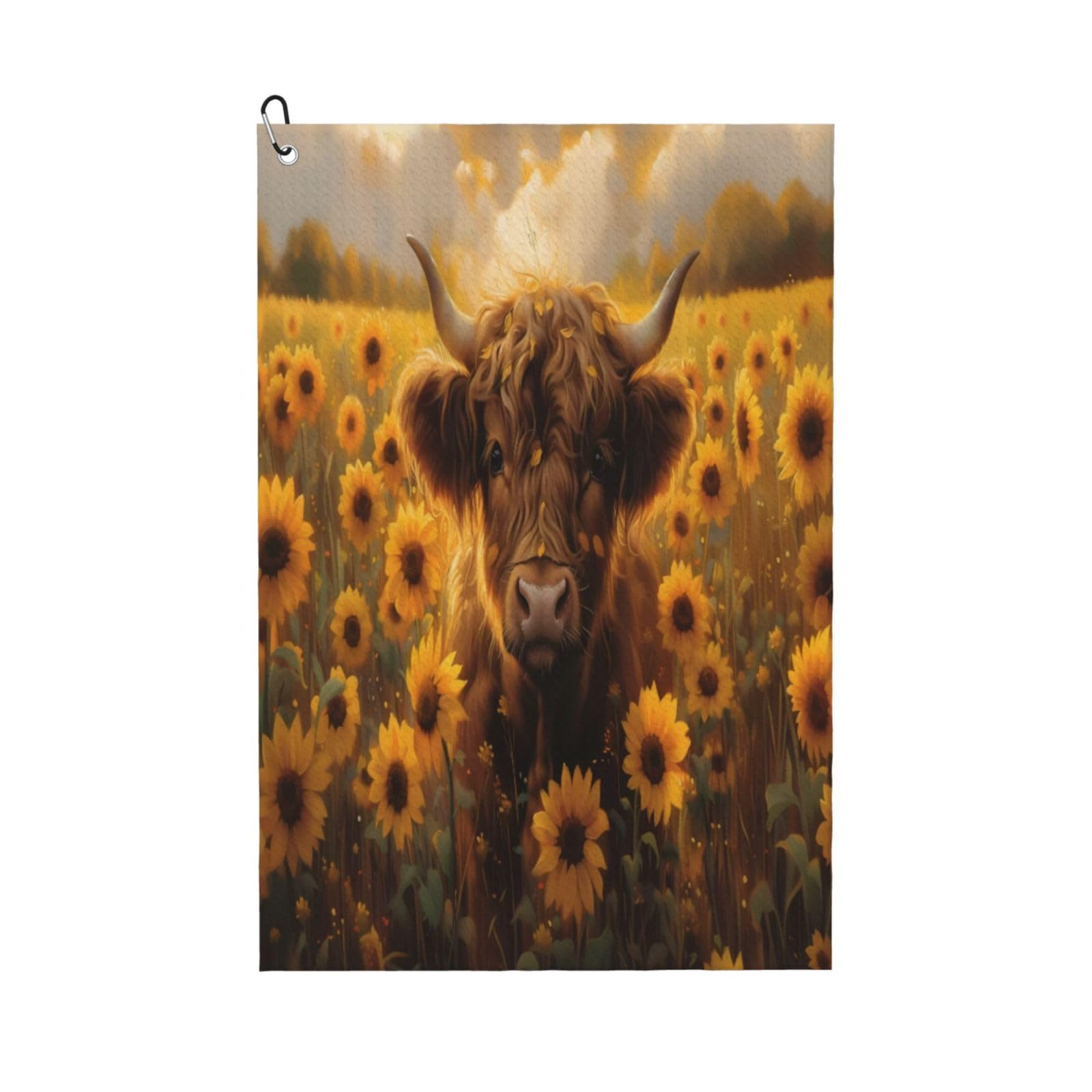 AOOEDM Cute Cow Sunflower Field Print Golf Towel with Carabiner Clip Absorbent Microfiber Golf Towel for Cleaning Golf Ball Club Putter Iron for Golf Bag Trolly Belt Loop 16" X 24"