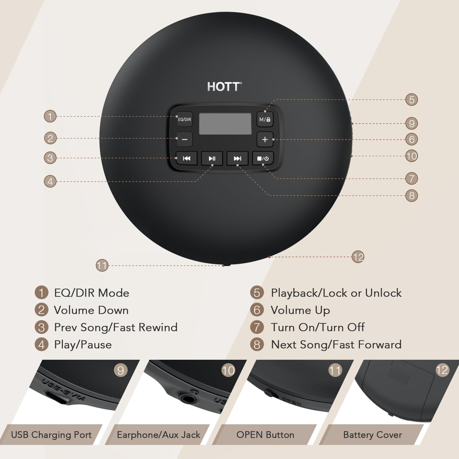 HOTT C204 Lecteur CD portable avec protection antidérapante, alimentation par piles AA, prise en charge MP3/CD-R, casque et sortie AUX pour voiture, maison, voyage