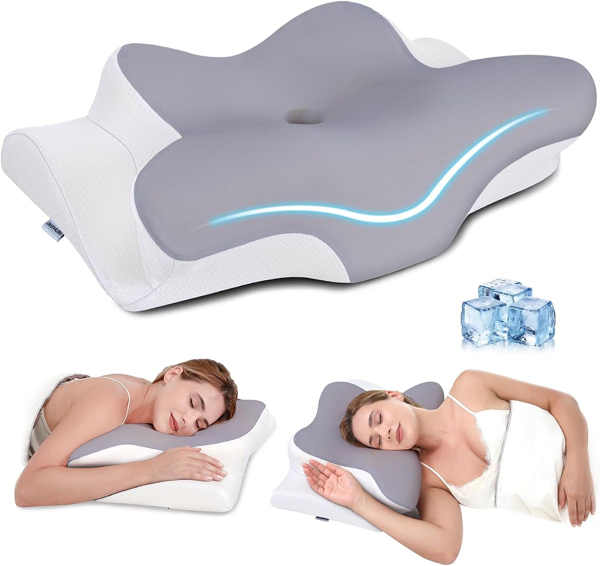 Cervical Neck Pillow, Ergonomic Memory Foam Pillow | 2 Height Options, Ergonomic Neck Support, Cooling Ice Silk Cover, Washable Pillowcase, For Side Back Stomach Sleepers