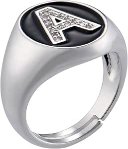 Amazon.com: Silver Initial Letter Ring | Black Enamel Cubic Zirconia ...