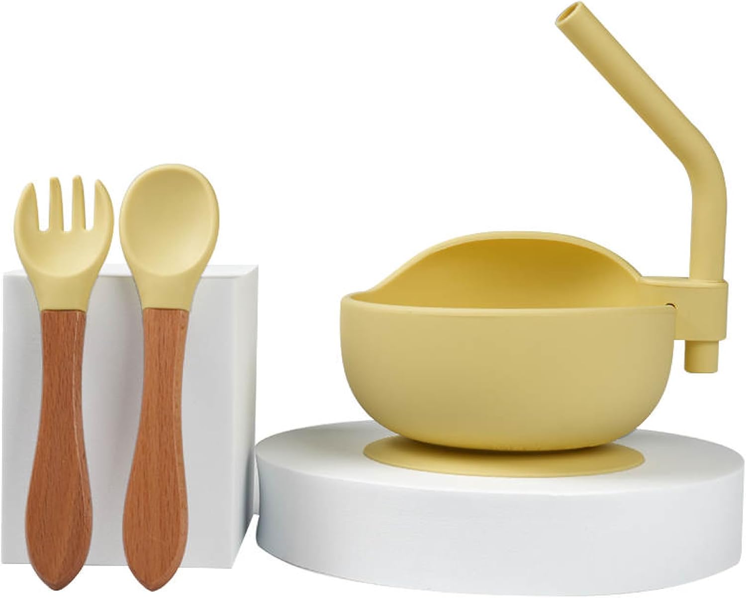 Toddler Suction Bowl Set with Spoon and Spork Food Grade Silicone GIFT for Early Eating Stages of Life (YELLOW)