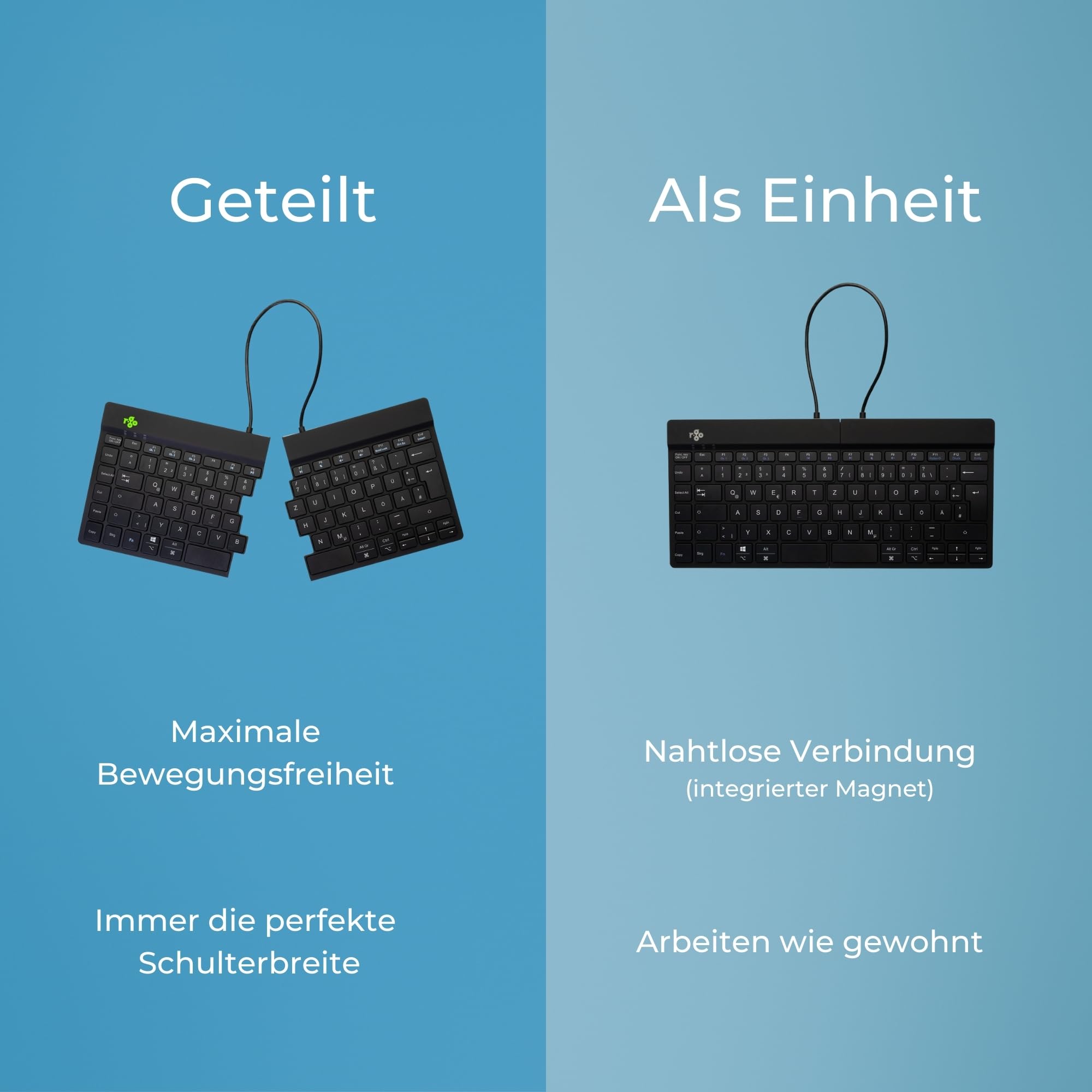 R-Go Split Break Tastatur mit Tasche - QWERTZ (DE) - Bluetooth Kabellos - Ergonomische Split-Tastatur wiederaufladbar - Filz-Etui - Anti-RSI - Schwarz