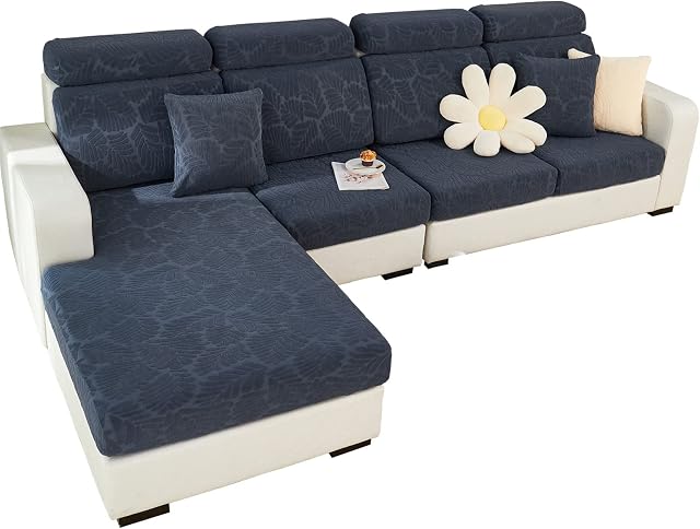 Super Stretch Sofa Cover 1 2 3 4 Seater L Shape, WearResistant Spandex Corner Sofa Cover Non Slip Sofa Slipcovers with Elastic Bottom, Great for Kids & Pets (Leaves Dark Grey, Chaise Cover)
