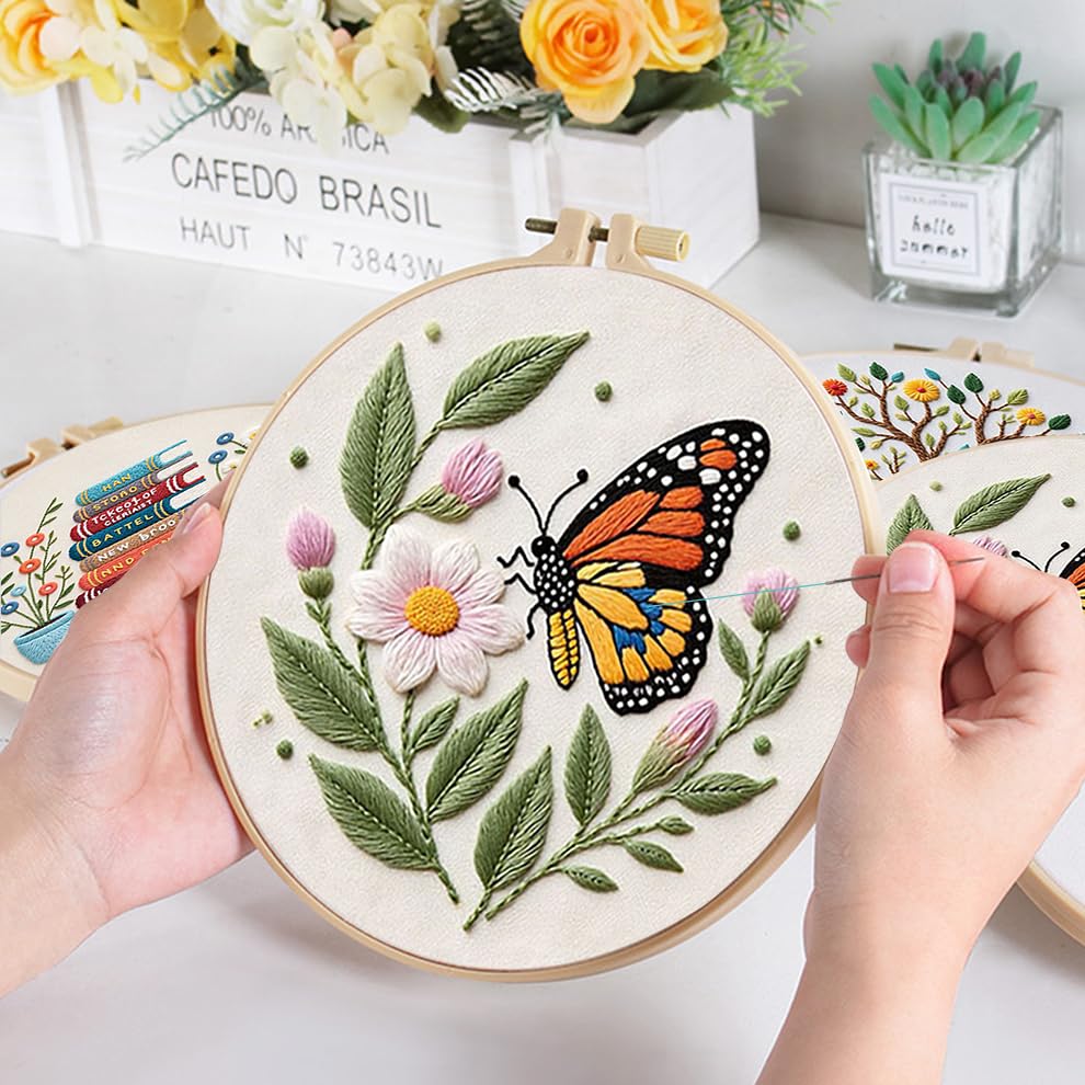 Image of KEKEMEOW 3 Sets Embroidery Kit for Beginners, Stitches with Books and Flowers, Embroidery Stitch Practice kit for Adults Craft Lover, Cross Stitch Kit with Pattern、Instruction、Hoop