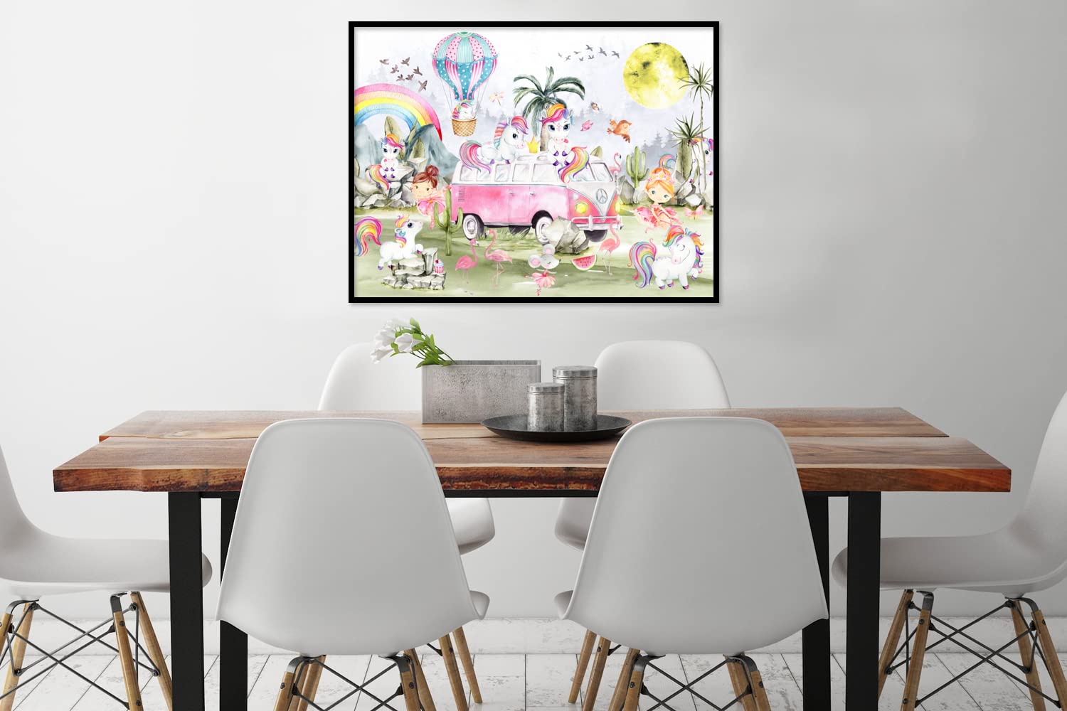 Poster Bilder Wanddeko Deko Wohnzimmer 80x60 cm Einhorn - Regenbogen - Kinder - Mädchen - Auto