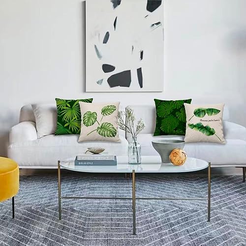 Miniatura 4 de Juego de 4 fundas de almohada de plantas verdes de 20 x 20 pulgadas, fundas de almohada de hojas tropicales de hojas de palmera de verano para