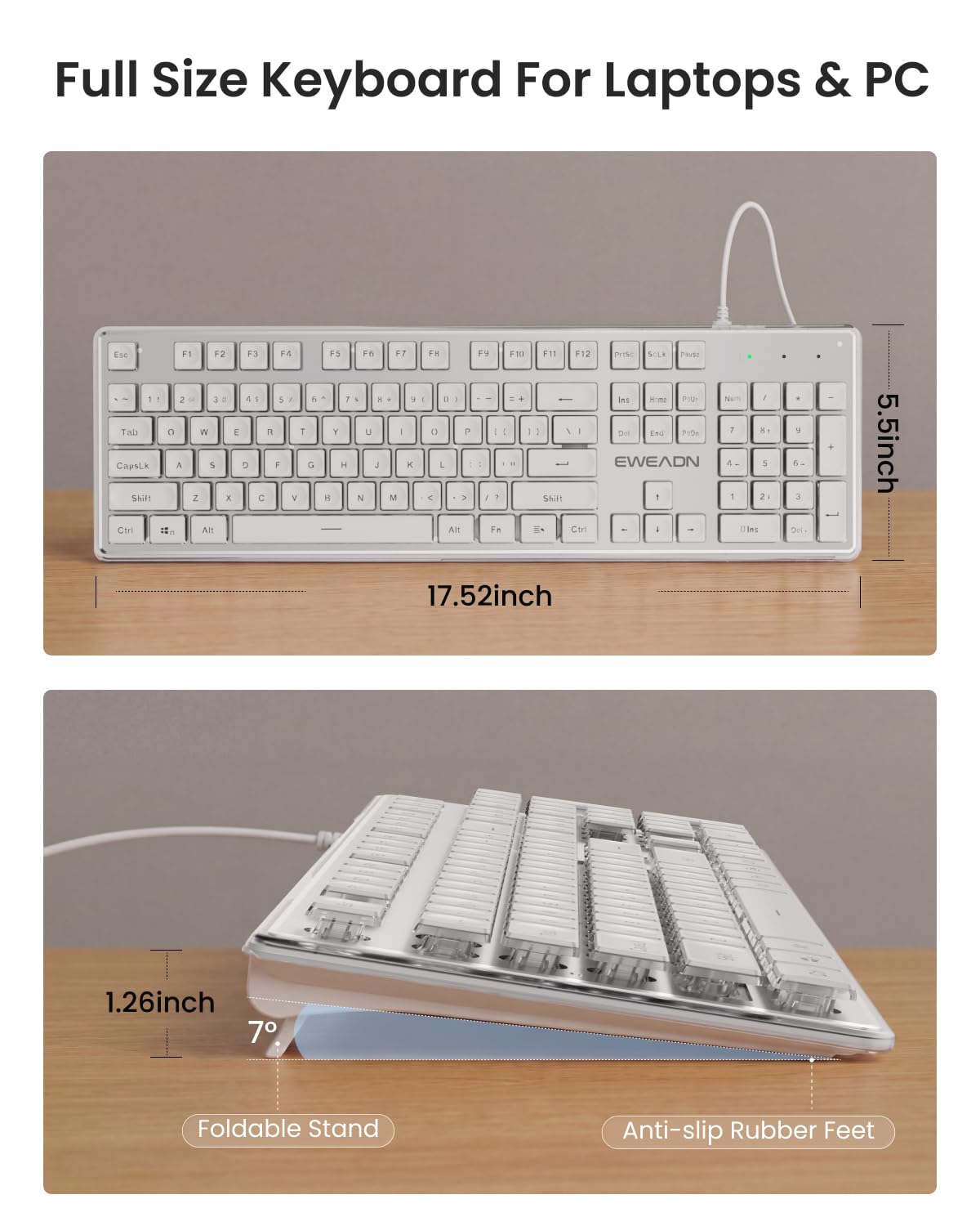 SEUNKWANG EWEADN GX710S - Tastiera per computer retroilluminata, con cavo USB retroilluminato bianco, pannello in metallo, Plug and Play, tasti budino, tastiera per computer full size, per