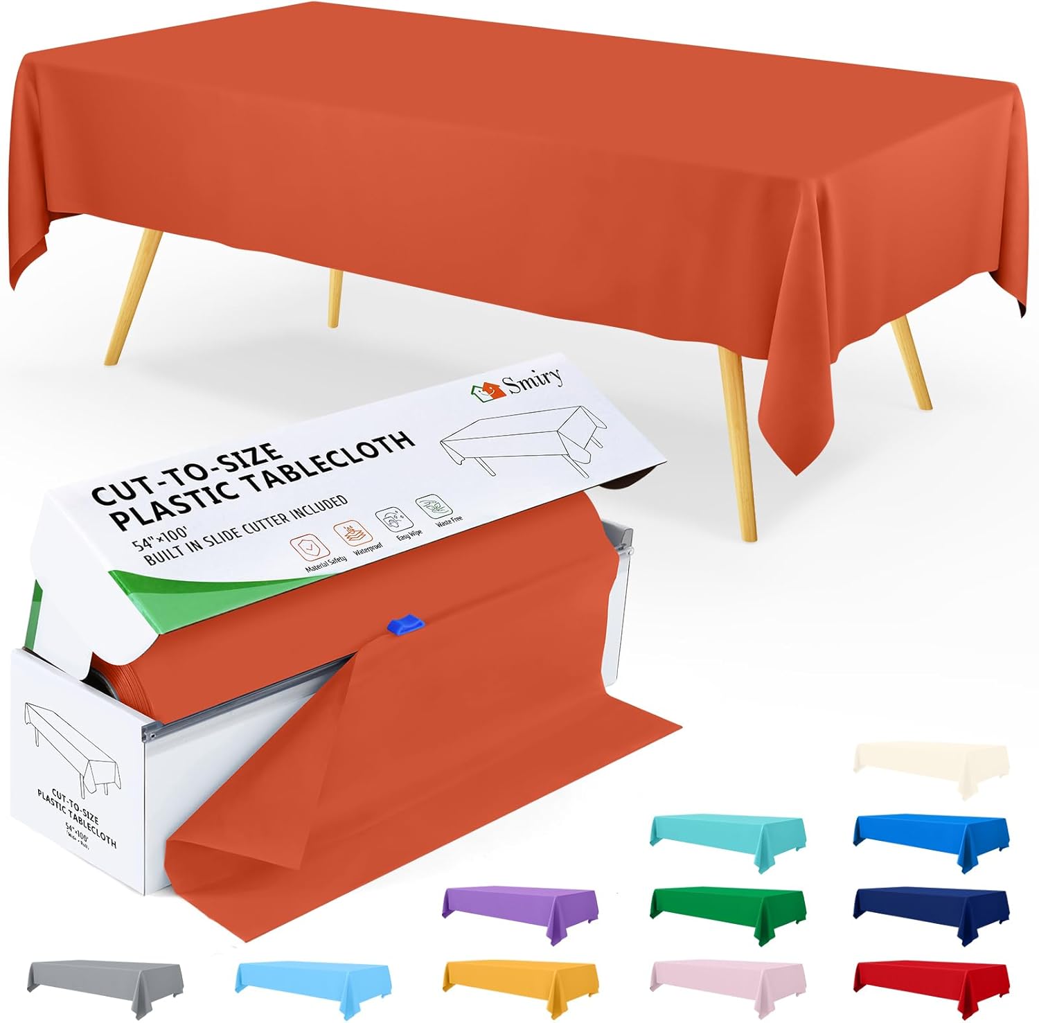 Smiry 54 Inch x 300 Feet Disposable Table Cover Roll, Orange Plastic Table Cloth in Cut-to-Size Box with Slide Cutter, Waterproof Rectangle Tablecloths for Weddings, Banquets, Outdoor 3600" x 54" (Rectangular) Orange