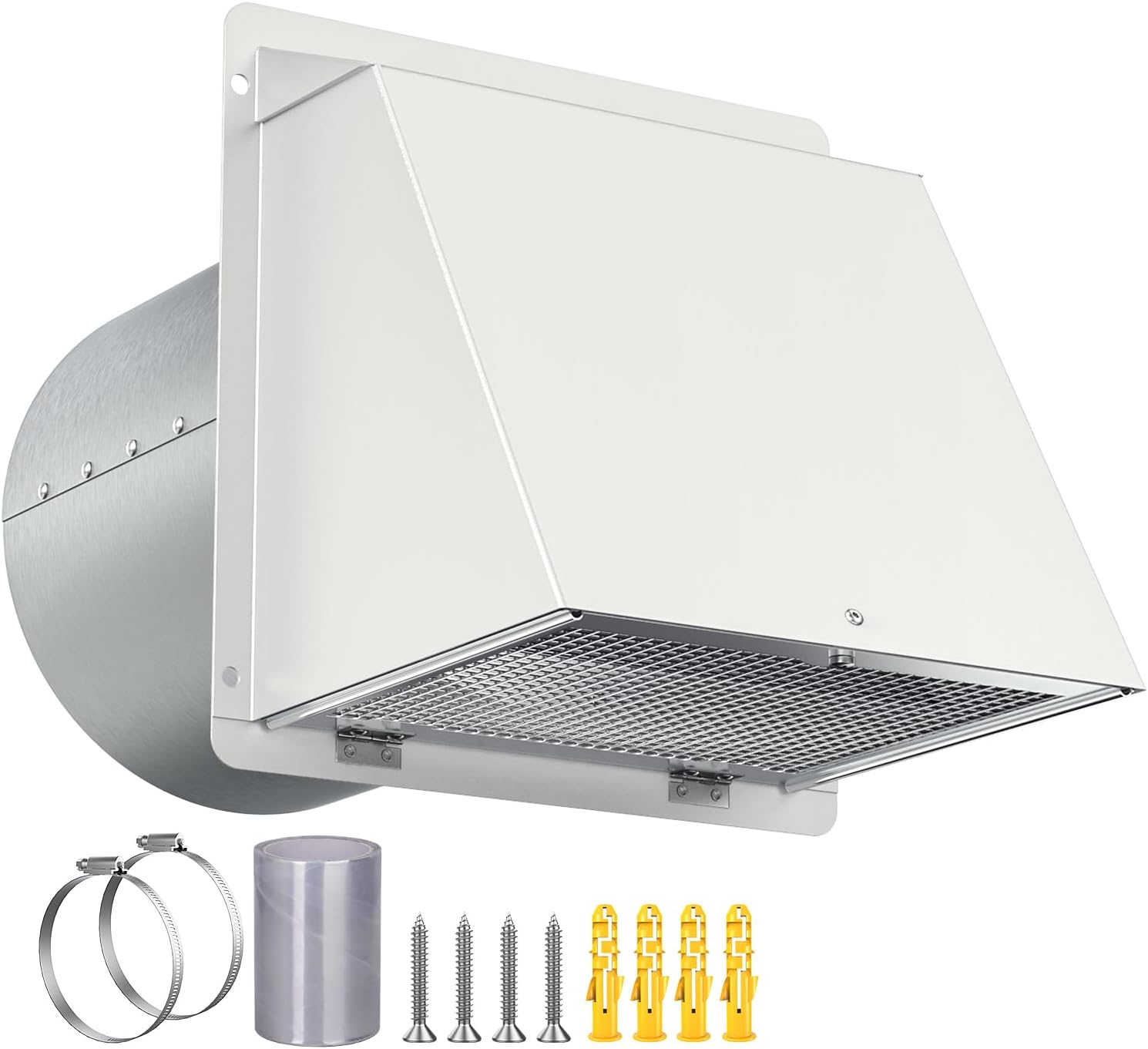 6 inch Dryer Vent Cover Outside,Outdoor Galvanized Steel Hooded Wall Vent with Screen and Damper,Exterior Air Vents Cap for Dryer/AC Extractor Vents Kitchen Range Hood Ventilation/Exhaust 6in White