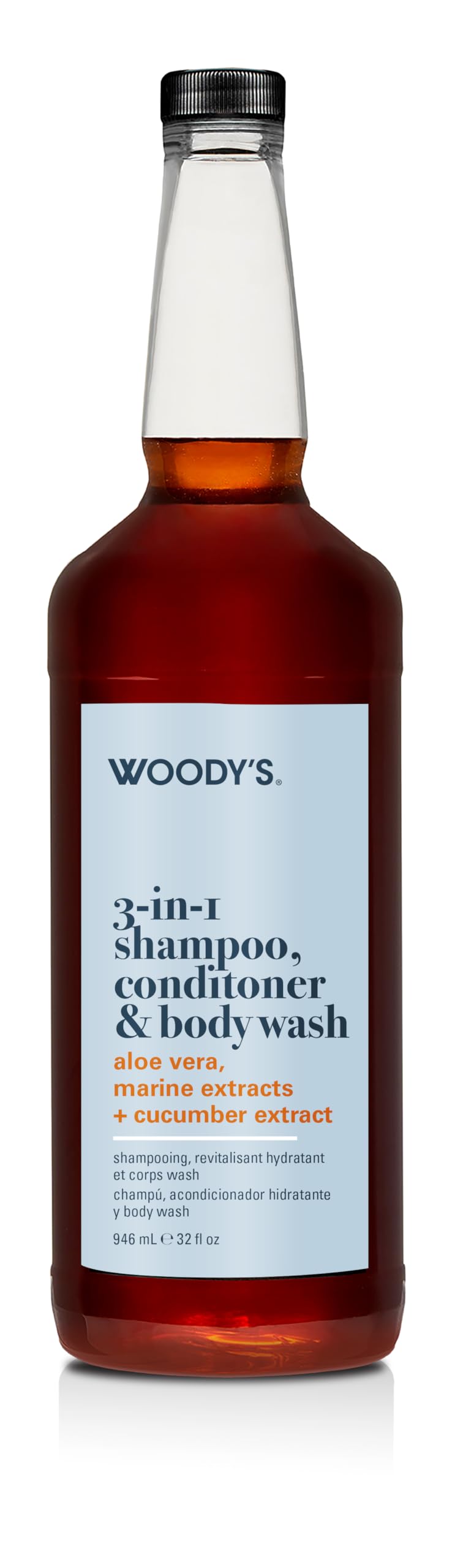Woody's 3-in-1 Shampoo, Conditioner & Body Wash for Men – Men's All-in-One Hair & Body Cleanser with Aloe Vera, Marine Extracts & Cucumber Extract, Paraben-Free, 32 oz