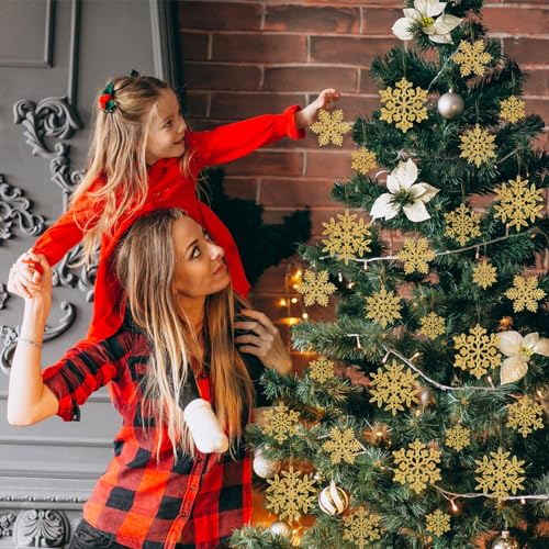 Image of 49pcs Christmas Party Decorations Snowflake Ornaments - Gold Glitter Snowflakes DIY Hanging Ornaments for Winter Christmas Tree Wall Ceiling Window Decor