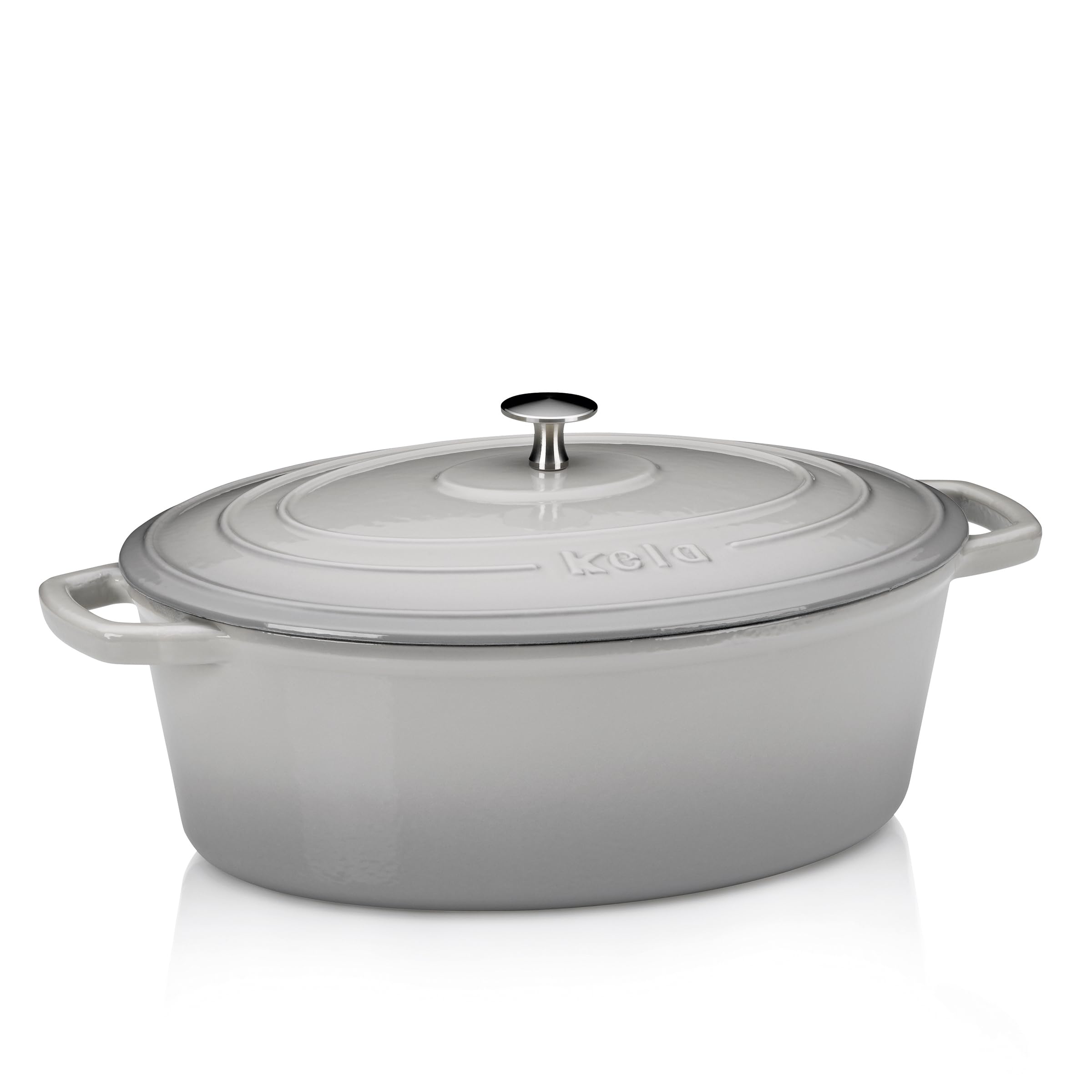Kela Asador de Hierro Fundido Ovalado 6 Litros, Dutch Oven CALIDO, Asador de Inducción con Tapa, Olla de Hierro Fundido para Hornear Pan, Esmaltada, Gris Claro