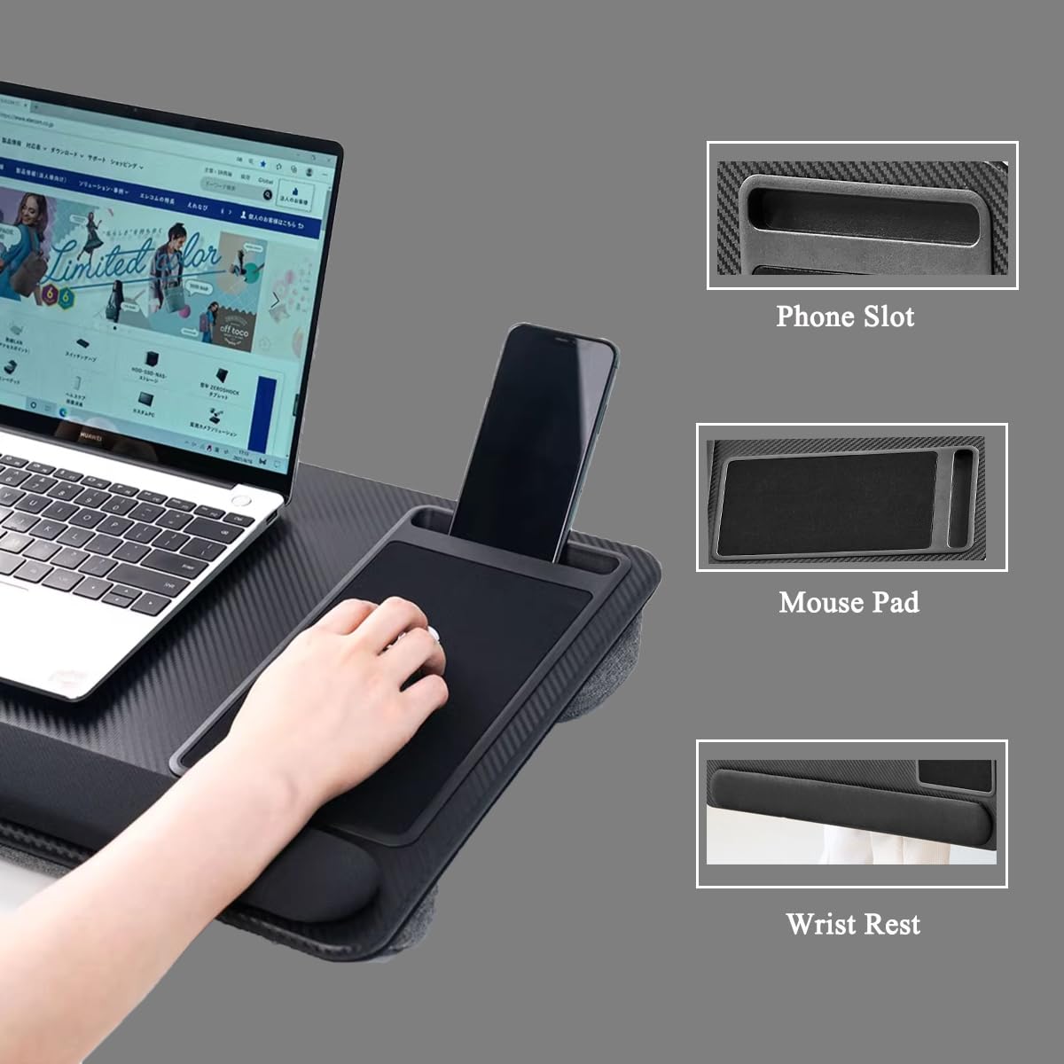 PUTORSEN Lap Desk Geschikt voor laptops tot 17,3 inch, draagbaar, extra groot, laptopkussen, bureau met muismat en polsmat, voor notebook, MacBook tablet, laptopstandaard met tablet-telefoonhouder