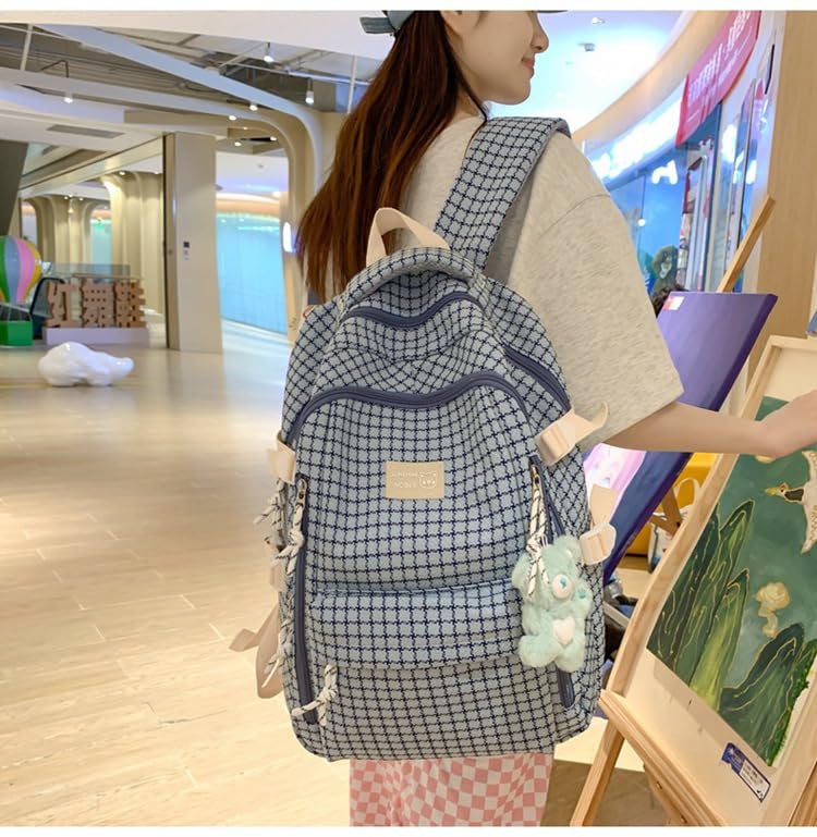 Kawaii Backpack with Cute Accessories Plaid Book Bag Aesthetic Backpack Casual Daypack Checkered Preppy Backpack (Blue,One Size)4
