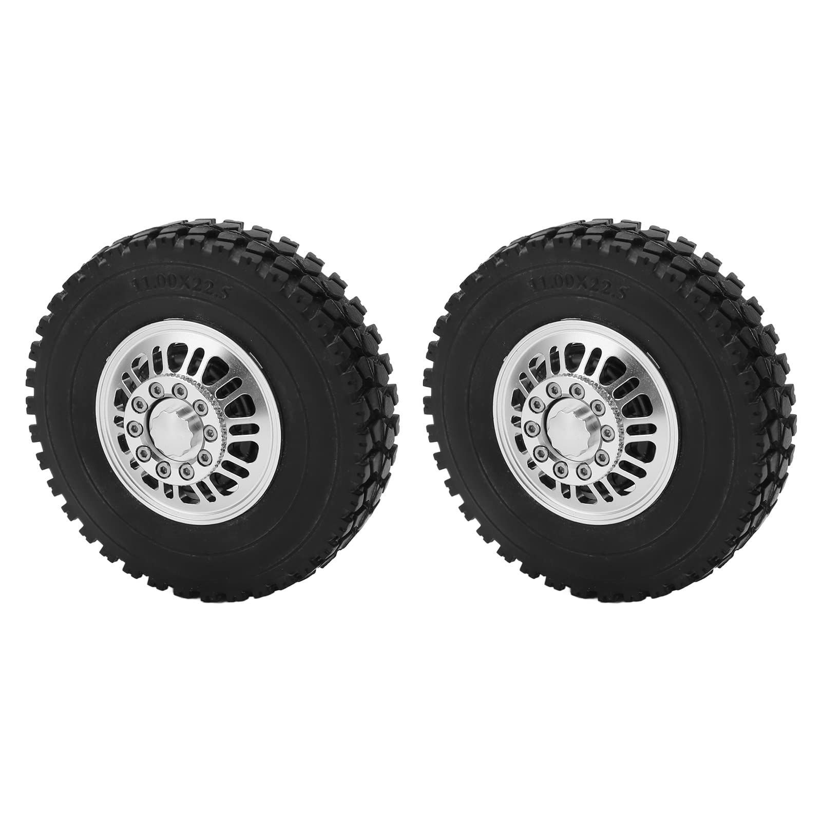 2 pezzi RC Auto Pneumatici Cuscinetto della Ruota Anteriore Cerchi in Lega di Alluminio Argento Pneumatici in Gomma Nera per 1/14 Autocarro con Cassone Ribaltabile