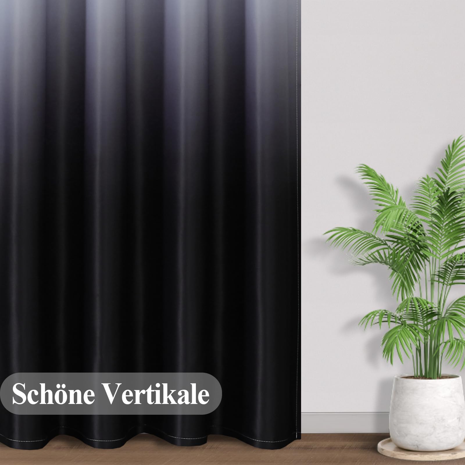 Verdunklungsvorhänge mit Kräuselband, Schwarz und Weiß Vorhänge Blickdicht Schlafzimmer, Ombre Gardinen Schienensystem, 2er Set Thermovorhang Kälteschutz Blackout Curtain, H214 x B132 cm