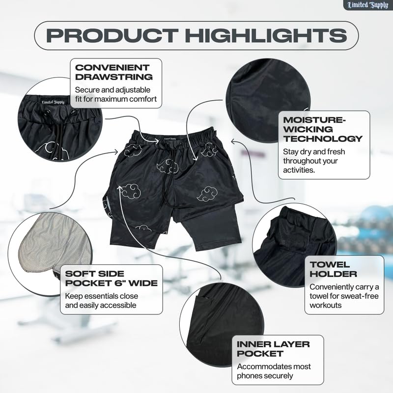 CROWN Anime Shorts - Breathable Mesh Stretch Compression Gym Short with Pockets and Towel Holder (M-BlackCld2)3