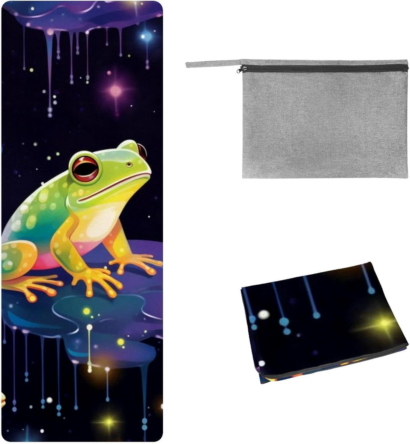Yoga Towel, Galaxy Frog Pattern Non Slip Sweat Absorbent Hot Yoga Mat Towel for Hot Yoga, Pilates and Fitness - 72.8" x 26.8"