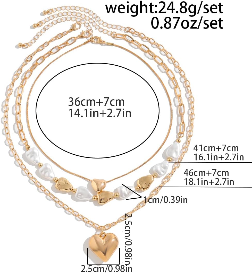 Chunky Heart Layered Necklaces for Women Men Layered Puffy Love Pendant Necklaces 14K Gold Plated Multilayer Chain Heart Stone Pearl Choker Necklace Pearl Jewelry - Image 4