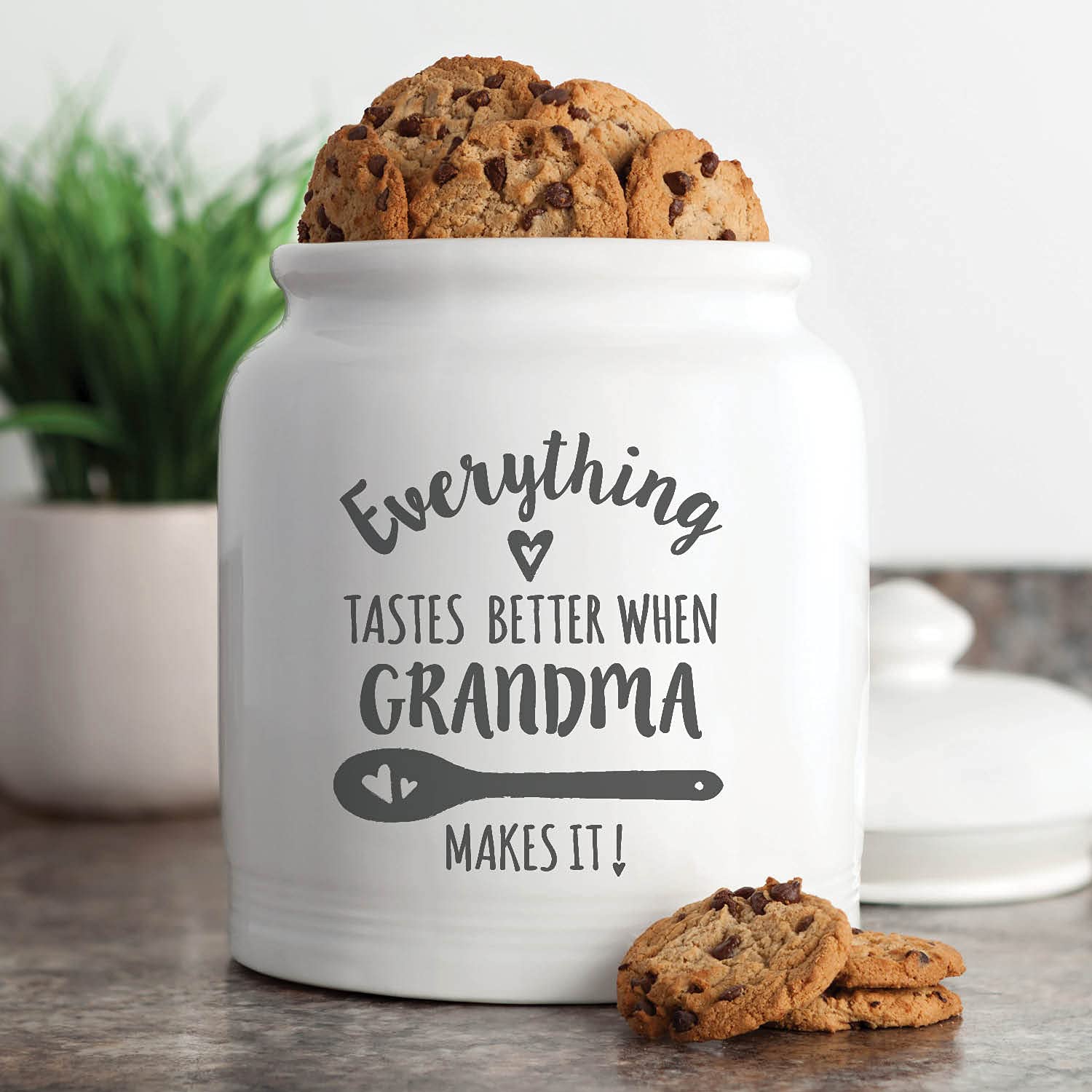 Personalized Planet Everything Tastes Better When Blank Makes It Ceramic Cookie Jar with Custom Name Printed on Ivory Chip Resistant Stoneware Container with Airtight Lid, 6.5x10.5