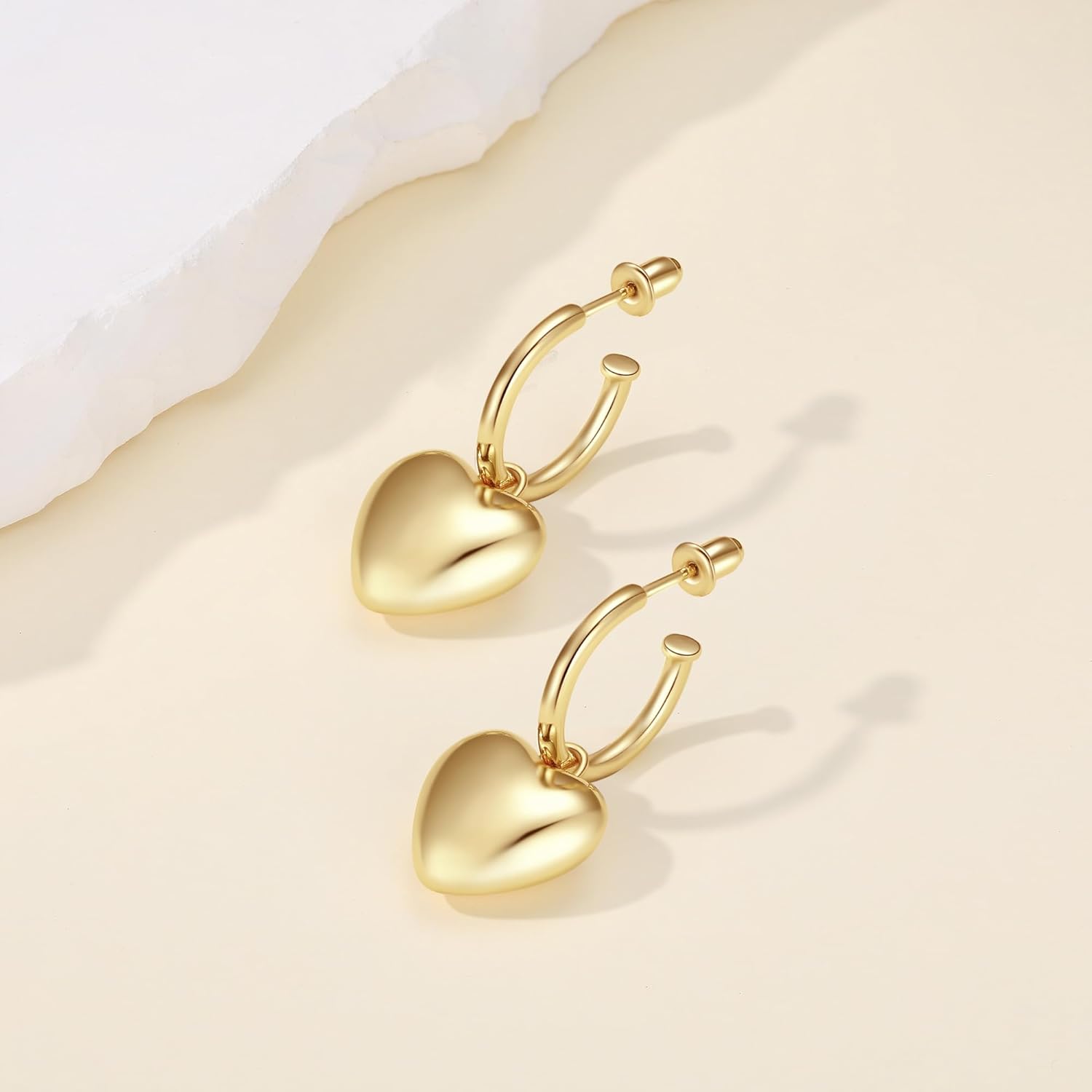 Gold Heart Earrings for Women 18K Gold Plated 925 Sterling Silver Pearl Drop Earrings Dangle Hypoallergenic Puffy Heart Pendant Hoop Earrings Jewelry Gifts for Lover - Image 7