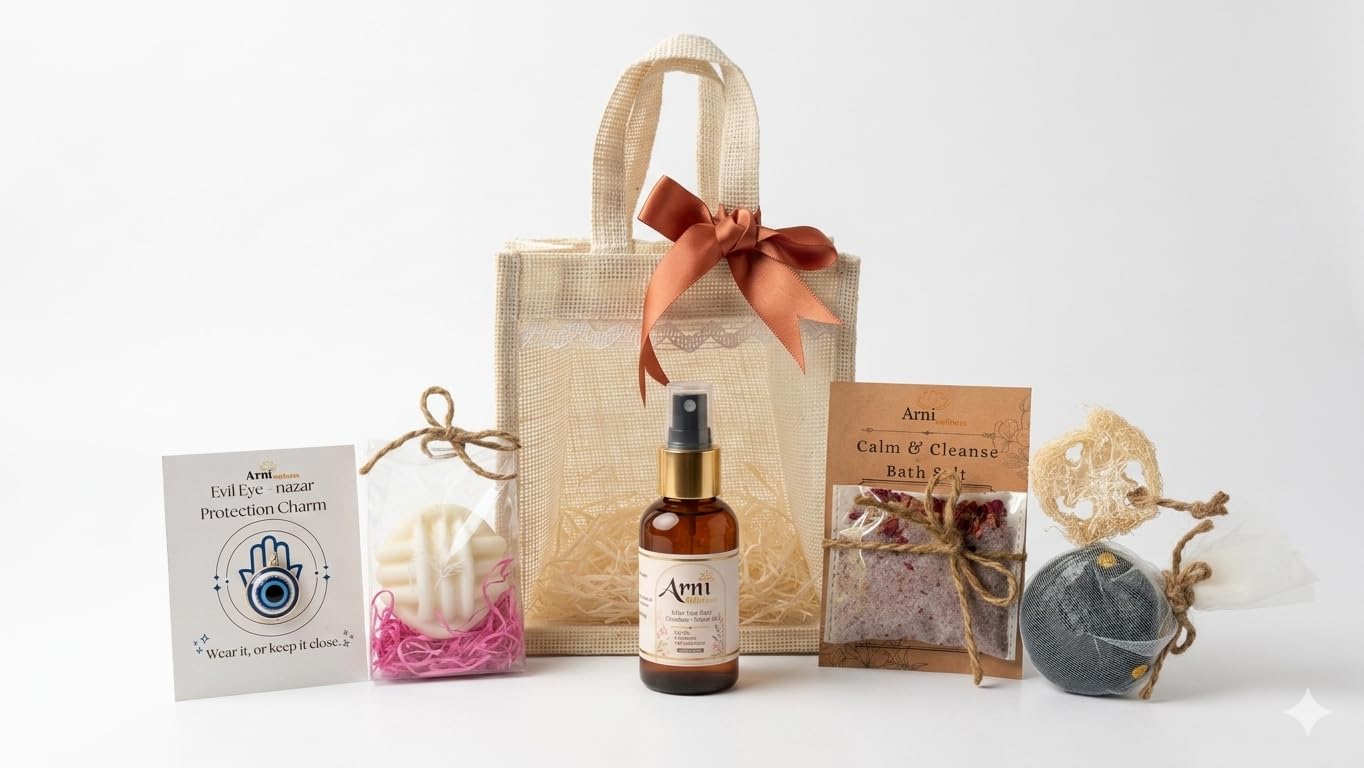 Self Care Gift Hamper with Bath Salt Handmade Soap Fragrance Mist Loofah and Evil Eye Protection Charm in Reusable Gift Bag-image-15