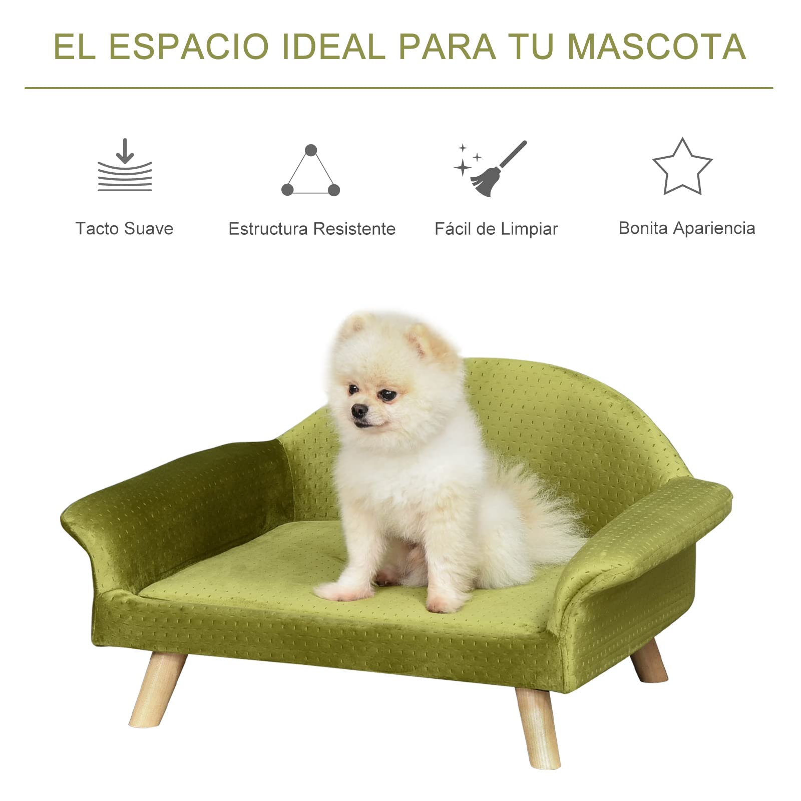 PawHut Sofá Cama para Mascotas Sofá para Perros Gatos con Cojín Acolchado Extraíble Patas de Madera 73 x 58 x 37 cm Terciopelo Latón