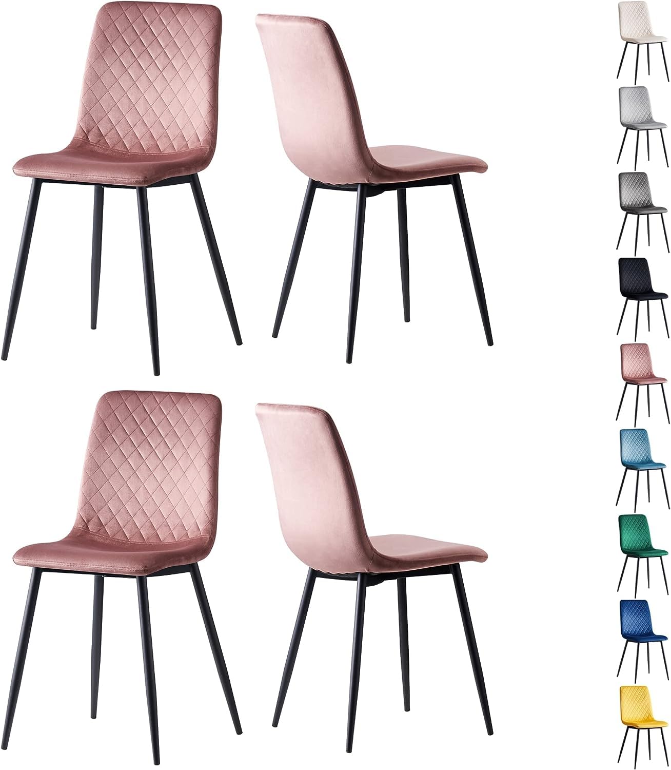 mcc direct Set mit 4 Designer Esszimmerstühlen aus Samtstoff, Metallbeine, Lexi-Stühle (Rosa)