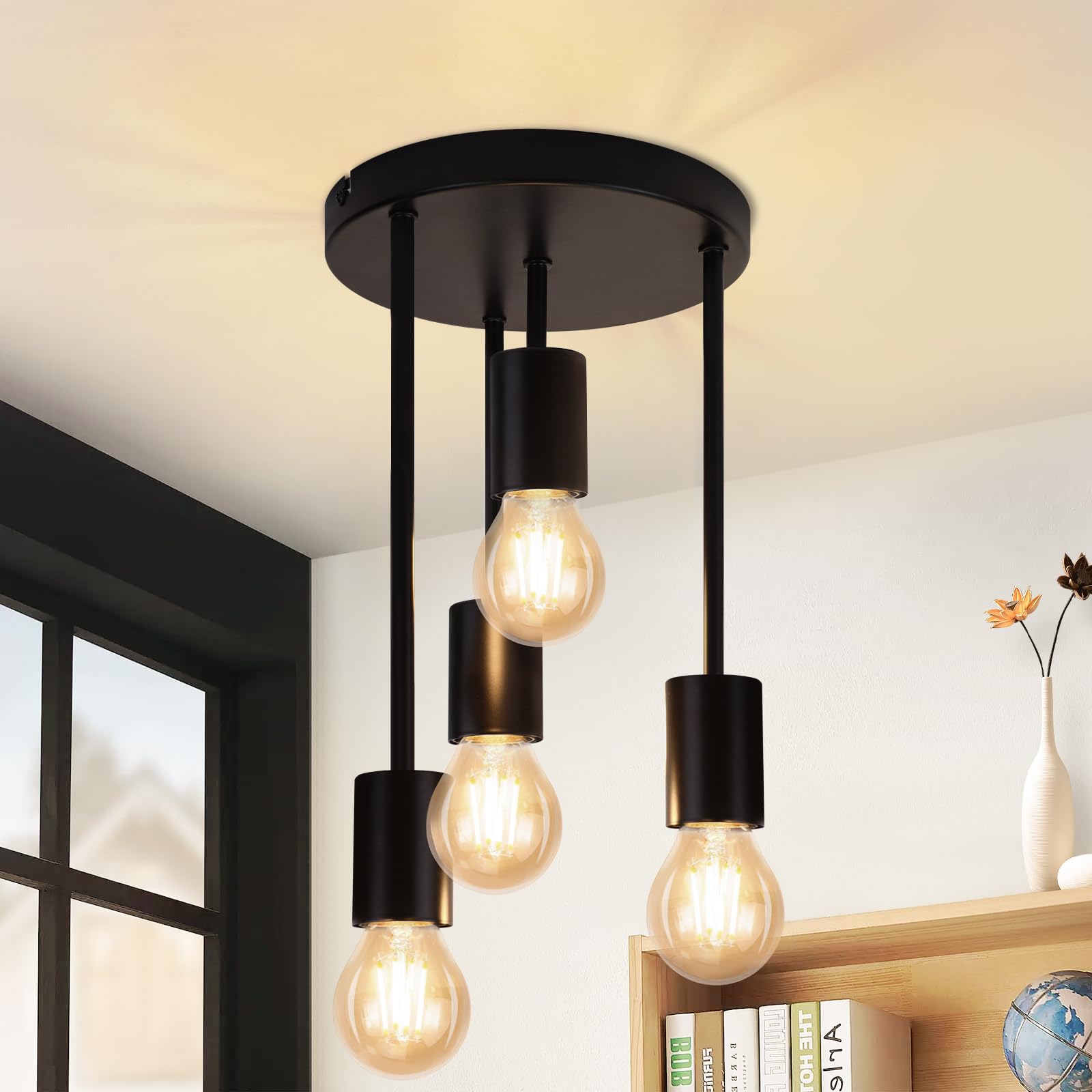 CBJKTX Deckenleuchte Vintage Deckenlampe Schwarz - 4 Flammig E27 Küchenlampe Retro Metall Hängend Industrial Deckenspots für küche Flur Schlafzimmer Wohnzimmer Bar (ohne Leuchtmittel)