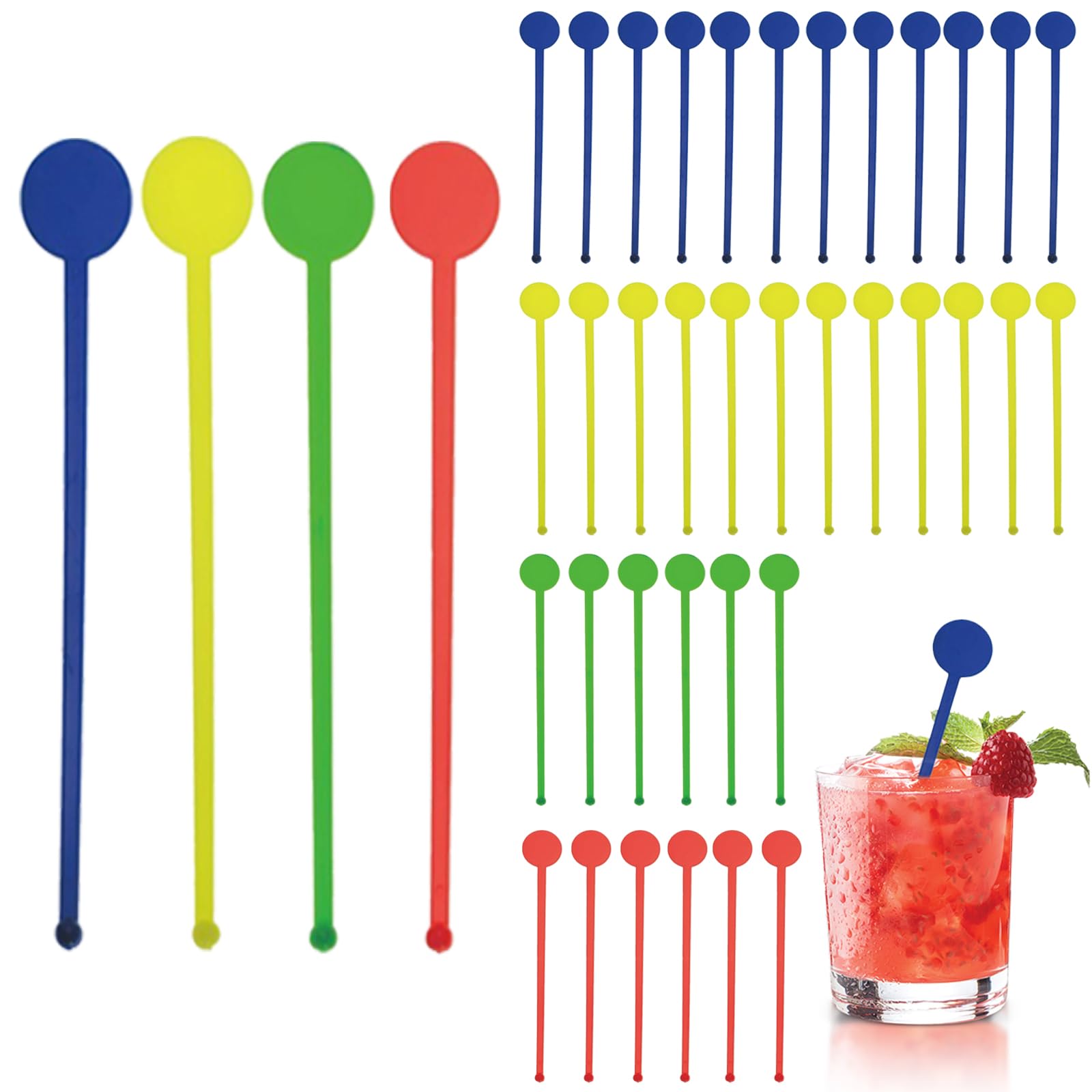 80 Pcs Plastic Round-Tip Colorful Transparent Stir Sticks - Cocktail, Coffee, Boba Tea, Juice Beverage Mixing Tools, 7.25 Inch Durable Drink Stirrers for Bartending & Home Use