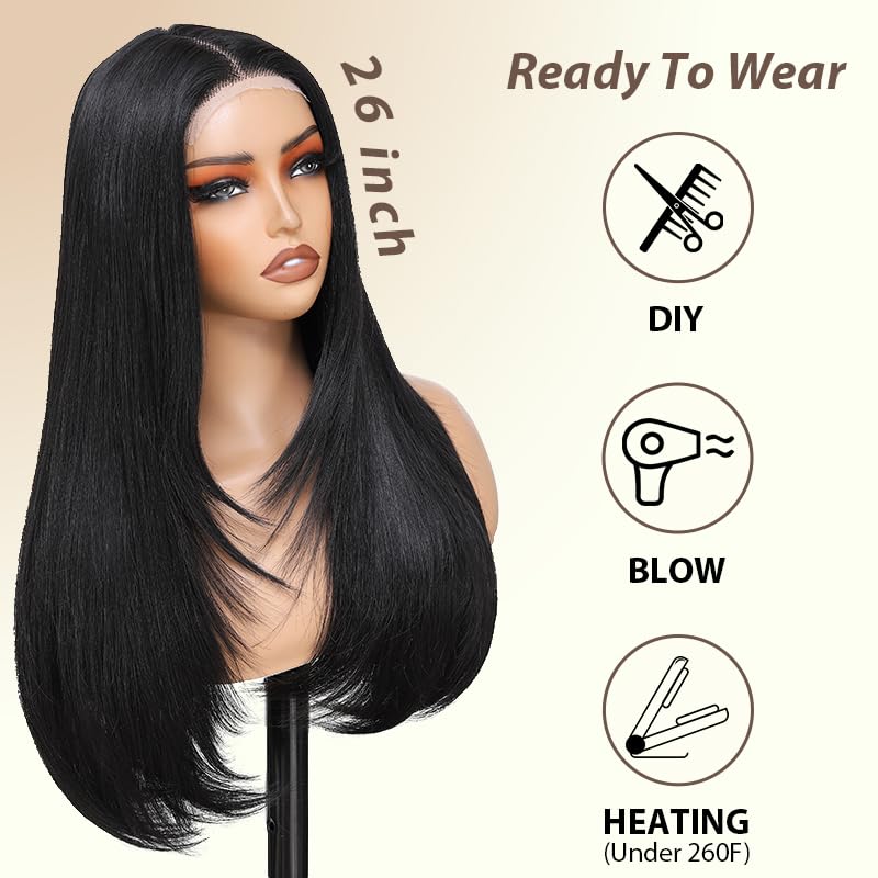 Synthetic Lace Front Wig 5x4x1 Black Layered Wig for Black Women HD Lace Hand Tied Pre Plucked Long Straight Glueless Wigs Suitable For Everyday Wear (Natural Black, 26 Inch)