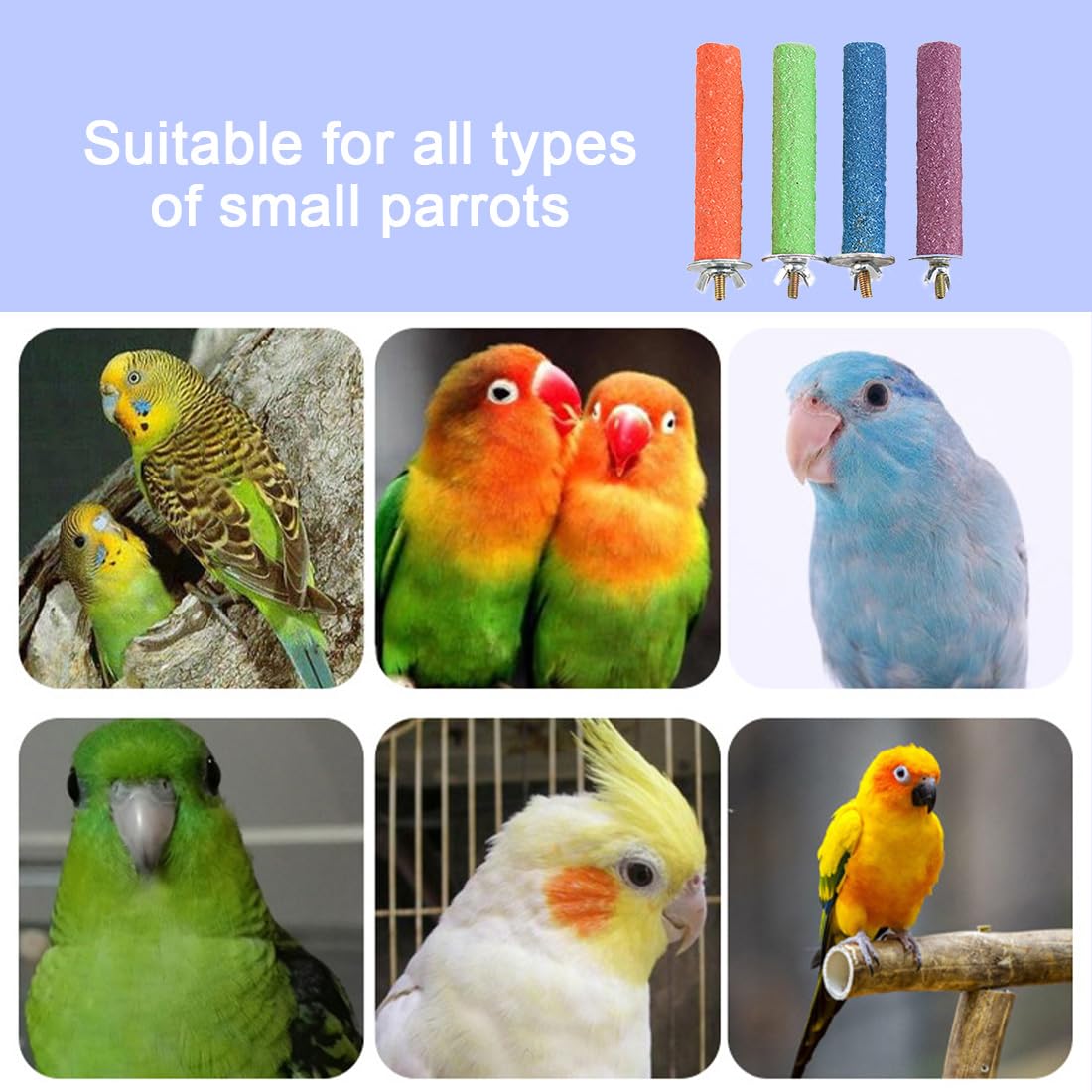 4 Pezzi posatoi per pappagalli,15cm Gabbia per Uccelli Colorata Scrub Stand Bar per Uccelli pappagalli pappagallini parrocchetto Cockatiels Conure Lovebird Cage Paw rettifica Giocattolo