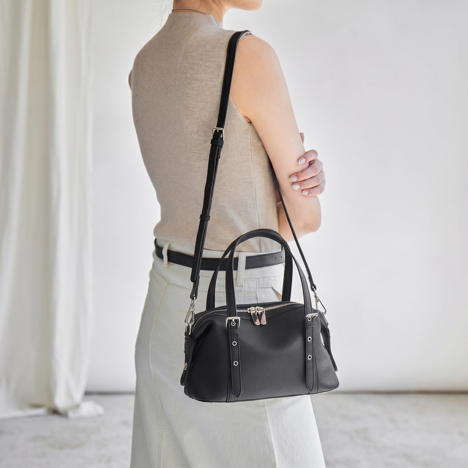 Bolso Boston Mujer de Cuero Flor Genuino, Bolso de Mano Gran Capacidad Minimalista, Elegante Bolso de Hombro y Bandolera para Trabajo Diario Negro