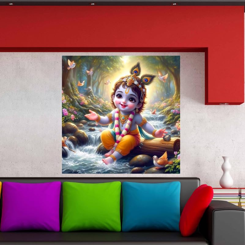 Image of British Terminal Cute little Bal Gopal Baby God Krishna| Kanha Ji | Laddu Lord Makhan Chor Painting Religious Poster for Pregnant Women for wall (matt thin vinyl,sticker,multicolor,unframed)| bj303