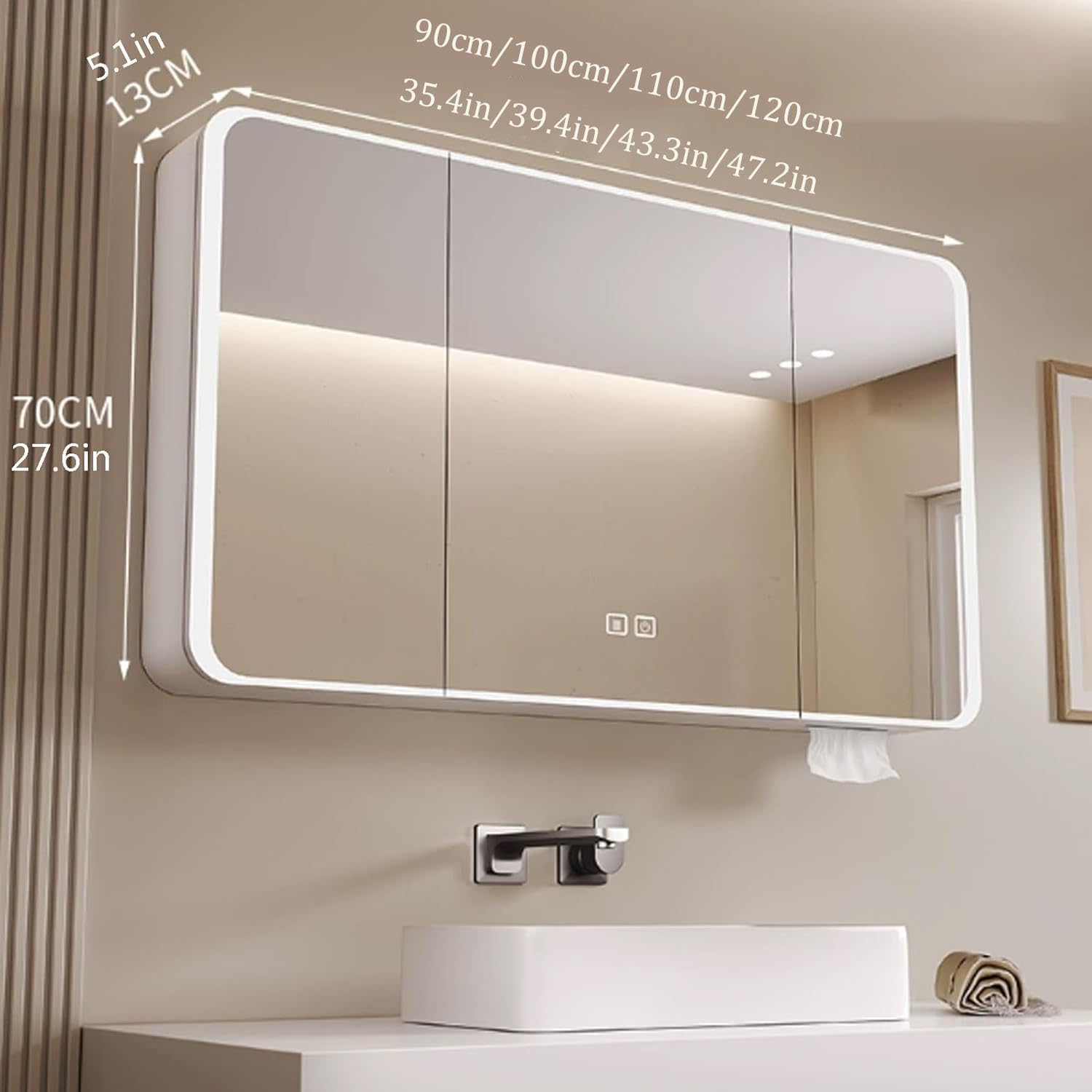 Aluminum Spiegelschrank Bad mit LED Lighting, 3 Adjustable Light Colors, Badezimmer Spiegelschrank mit Defogging Function, Badspiegelschrank Touch Sensor Switch (Weiß, 90cm/35.4in)