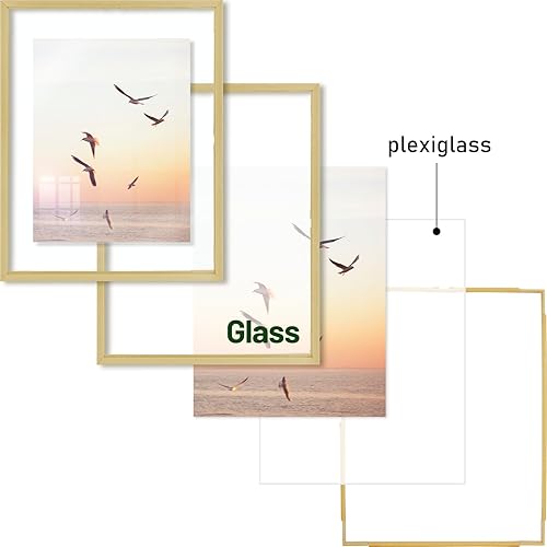 Miniatura 4 de Frametory, Marco de fotos flotante de 11 x 14 pulgadas, marco de fotos de metal dorado, cristal real, para pantallas de montaje en pared