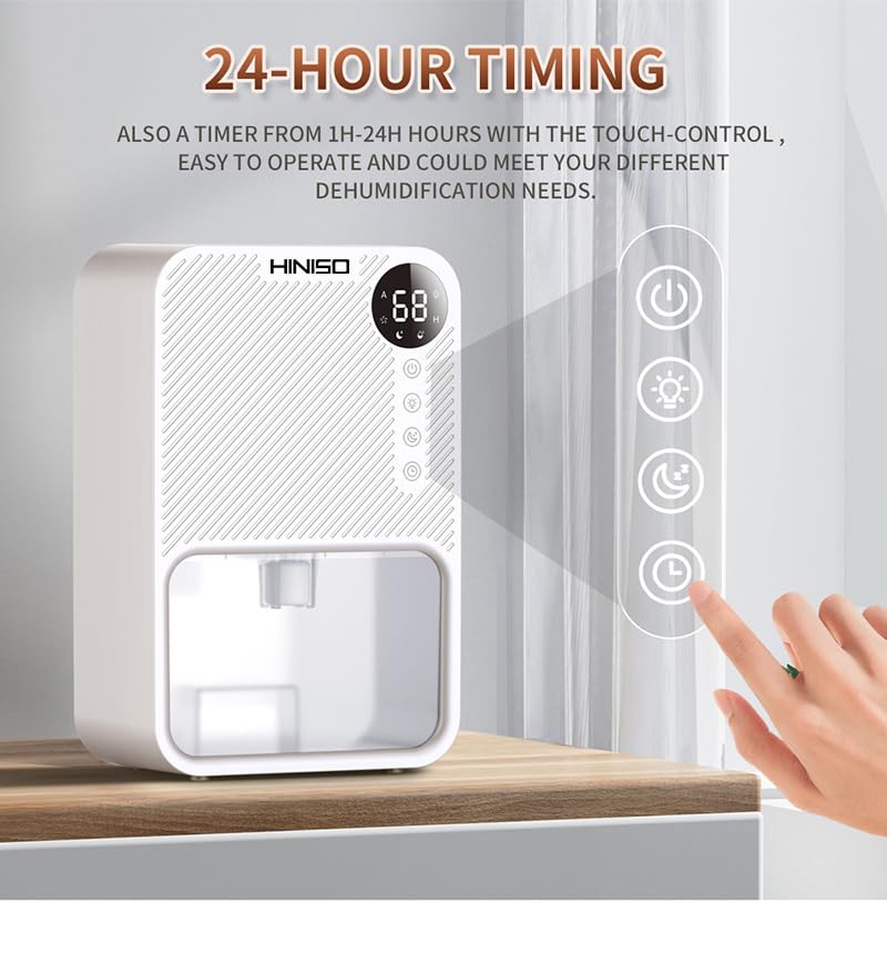 HINISO Dehumidifier control panel with icons for power, light, mode, and timer