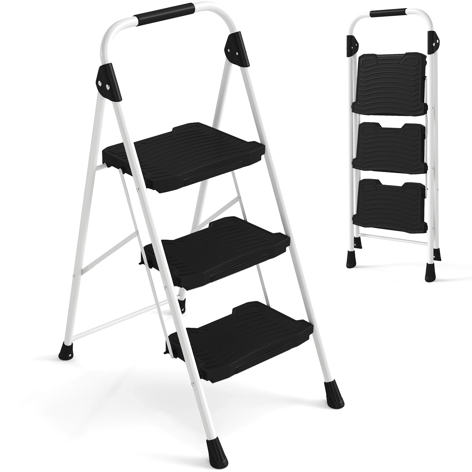 Escalera Plegable de 2/3/4 peldaños (Negro + Blanco, 3 escalones)