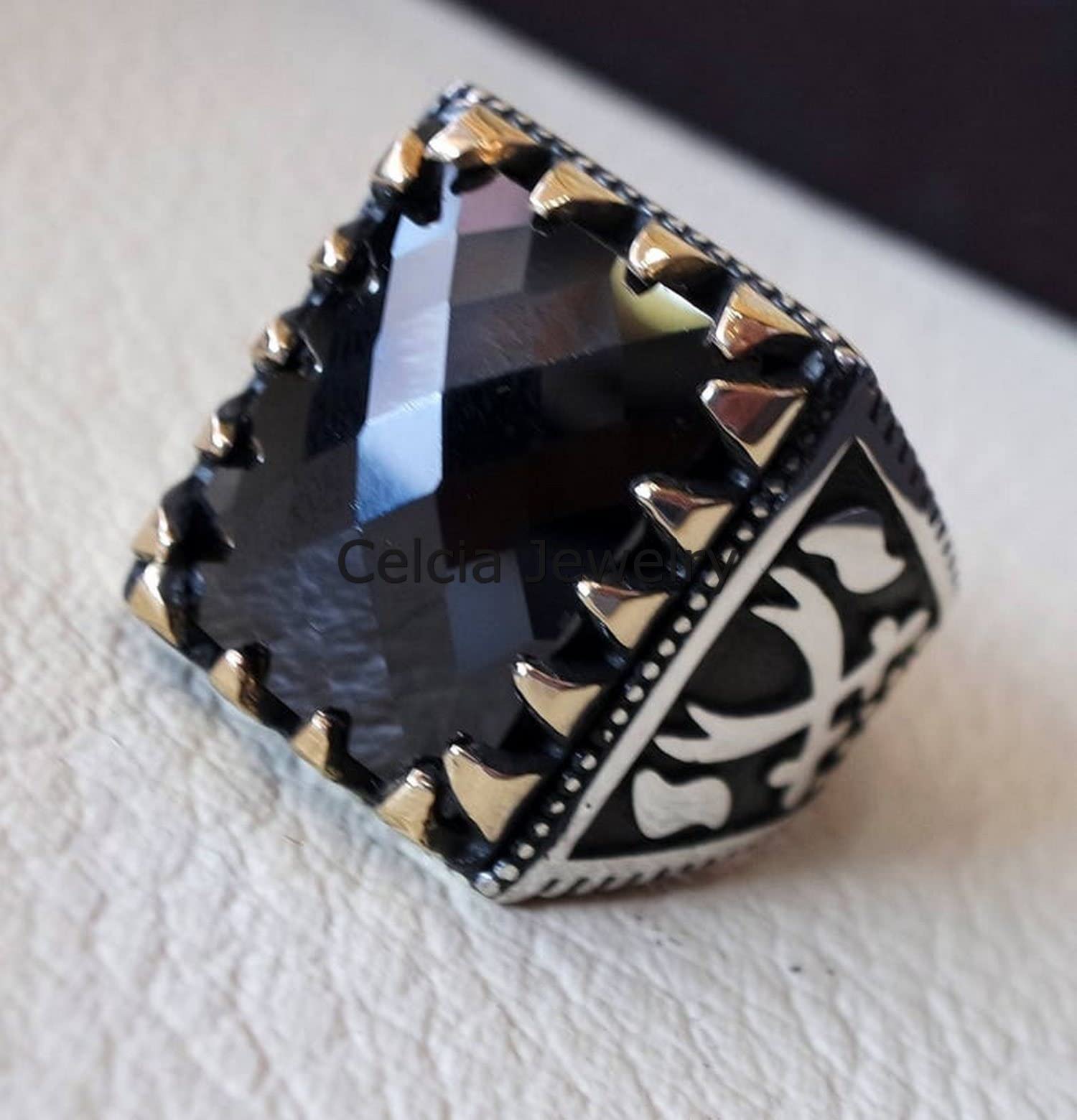 Edelstein-Checker-Ring, Siegelring für Herren, Statement-Ring, Verlobungsgeschenke, silberner Emaille-Ring, bester Februar-Geburtsstein-Ring